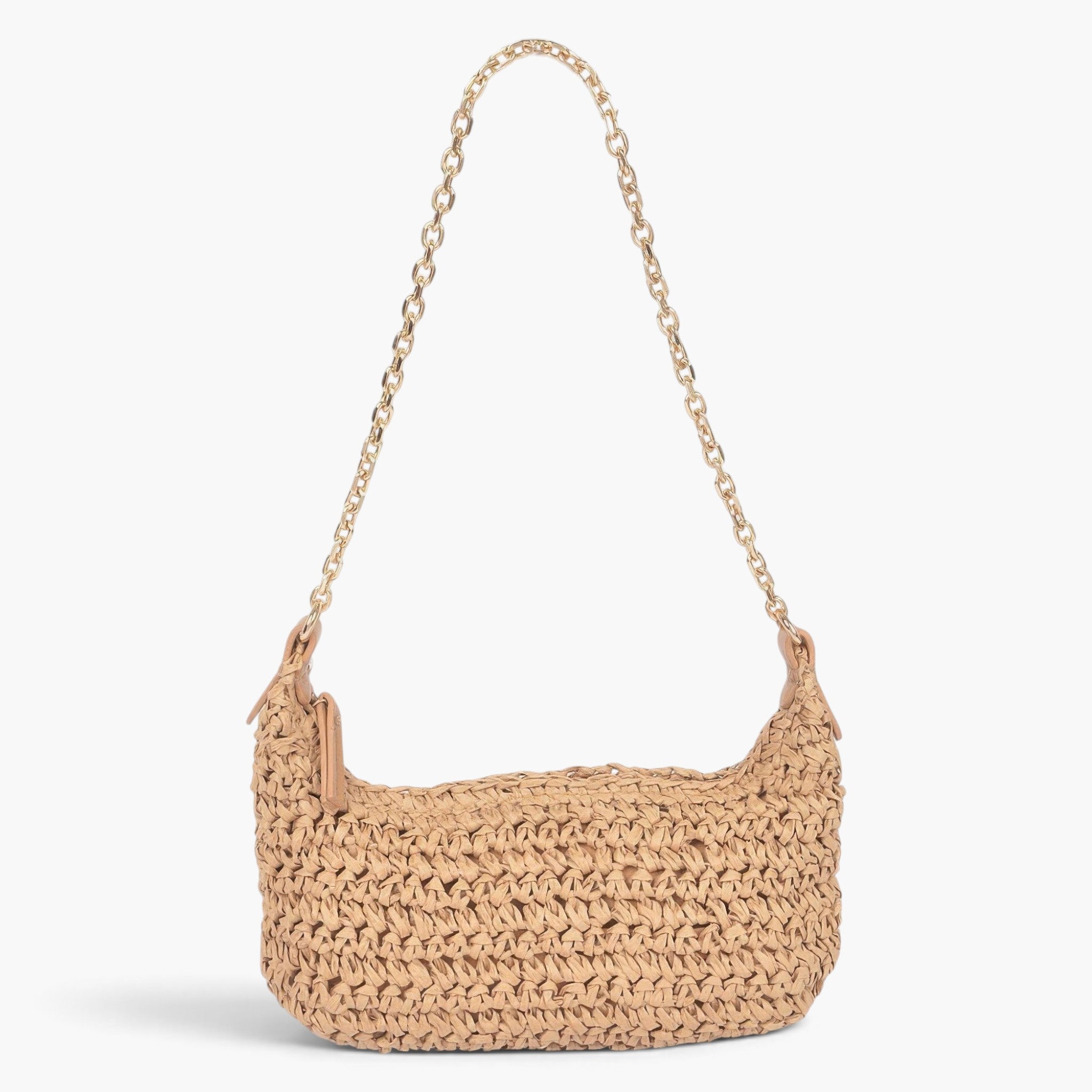 Beach Rose Co. khaki faux straw shoulder clutch with a gold chain strap and rectangular zip closure design.