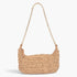 Beach Rose Co. khaki faux straw shoulder clutch with a gold chain strap and rectangular zip closure design.