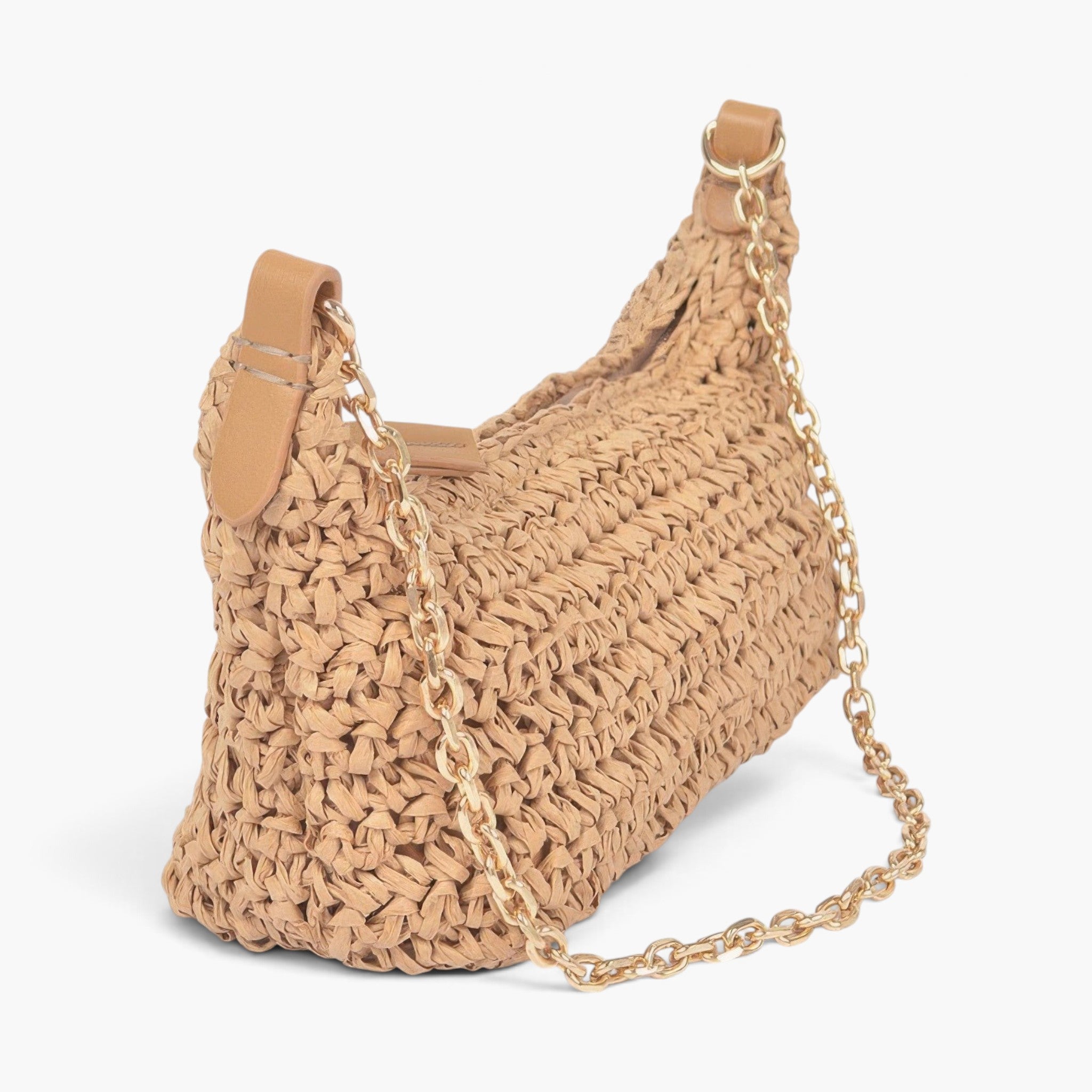 Beach Rose Co. khaki faux straw shoulder clutch with a gold chain strap and zip closure on a white background