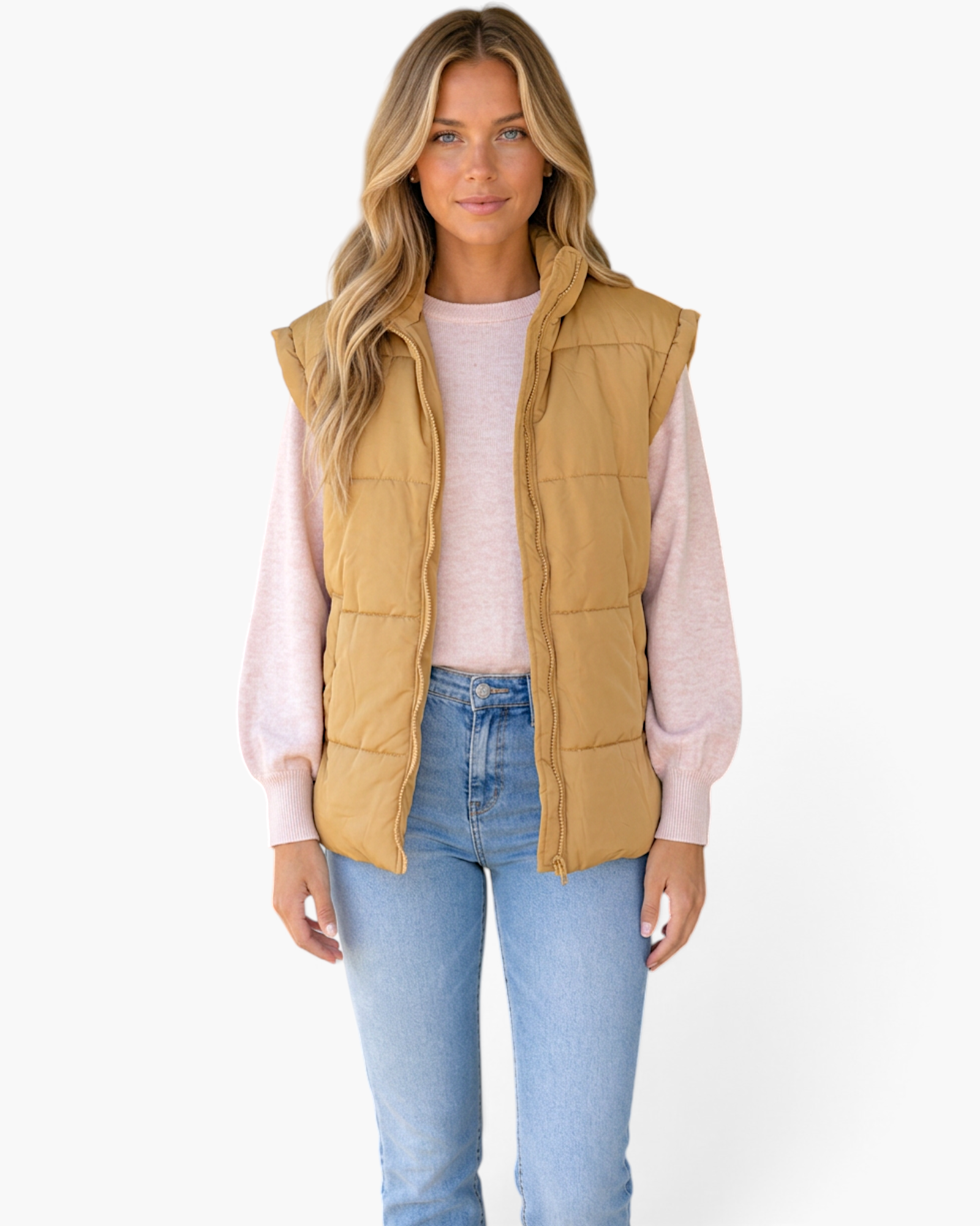 Beach Rose Co. khaki quilted puffer vest with a stand collar and zip-front, worn over a light pink sweater.