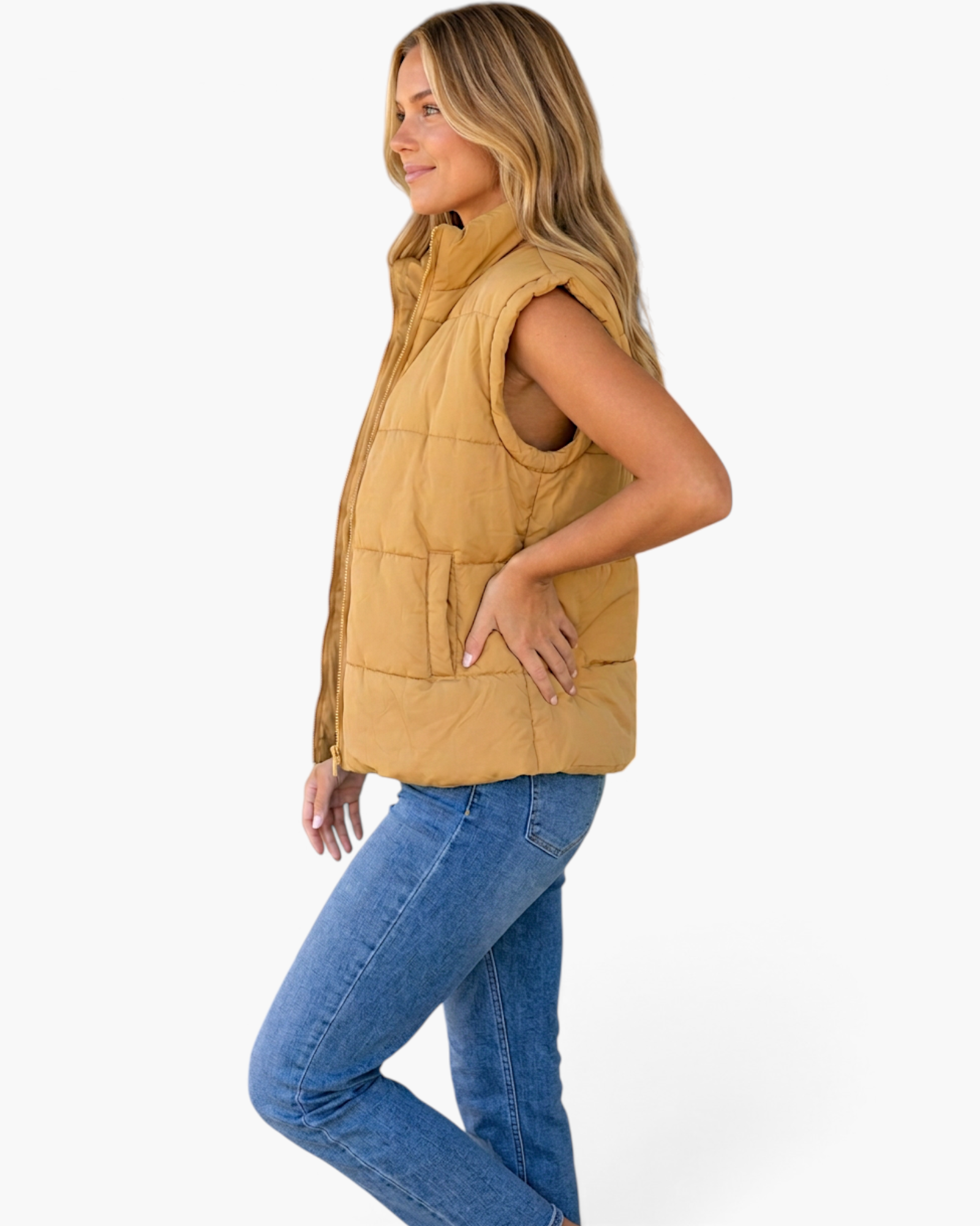 Beach Rose Co. khaki quilted puffer vest with stand collar and zip-front, worn by a model in profile view.