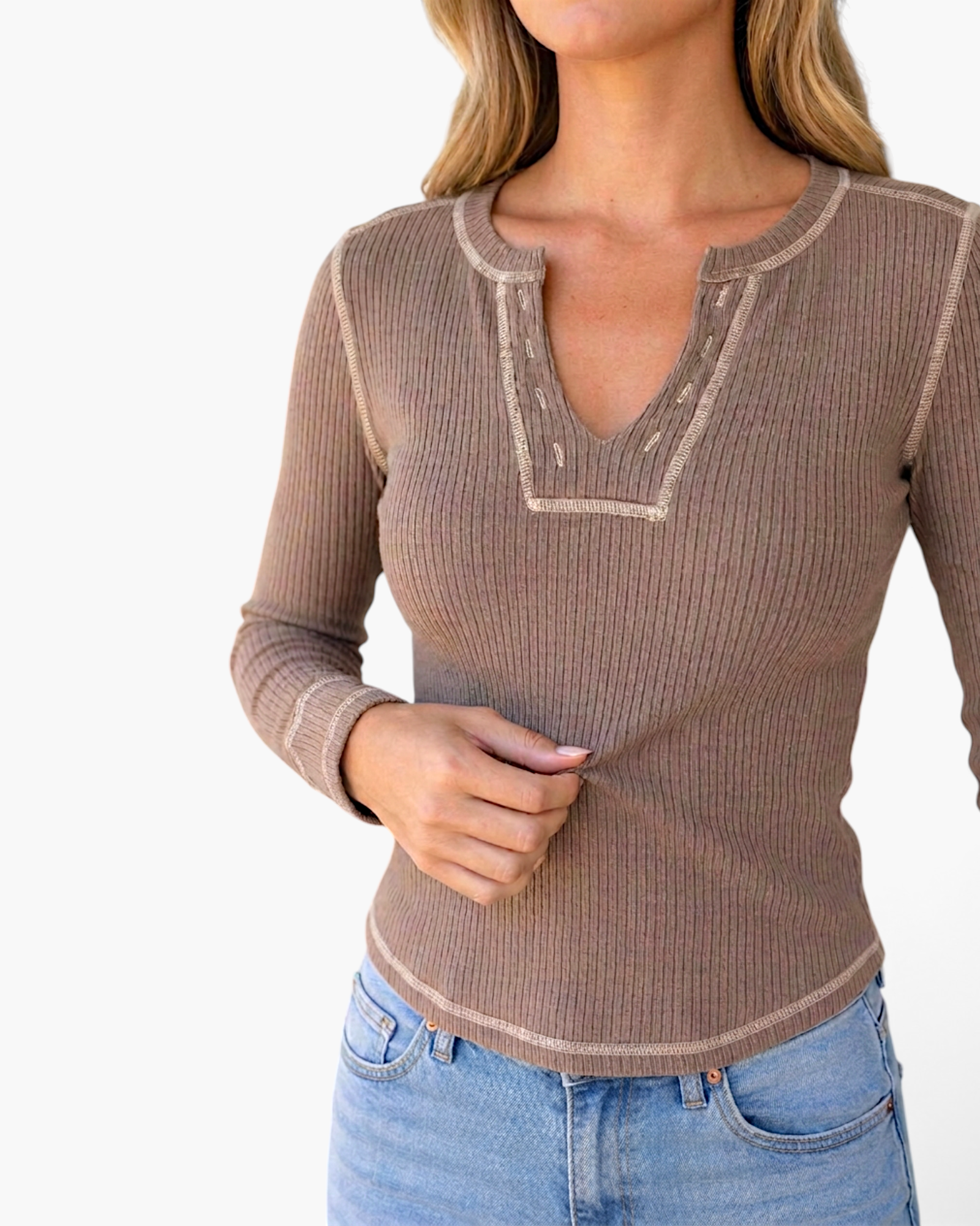 Beach Rose Co. dark khaki ribbed Henley top with long sleeves, notched neckline, and light contrast stitching details.