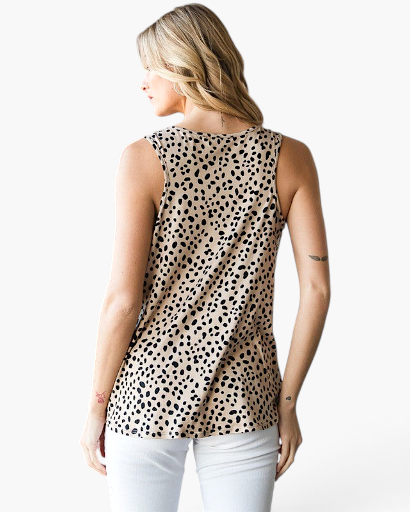 Beach Rose Co. khaki sleeveless tank top with black spotted print and relaxed fit, shown from the back