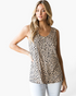 Beach Rose Co. khaki tank top with black spotted print, round neckline, and button placket on a blonde model