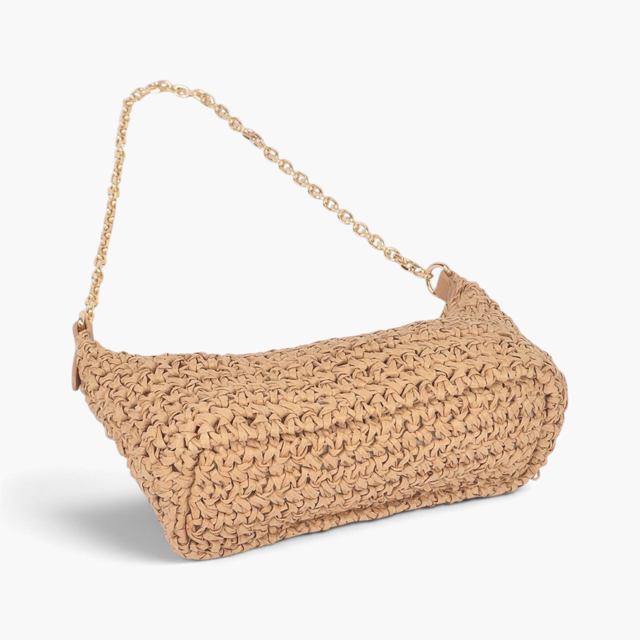 Beach Rose Co. khaki faux straw shoulder clutch with a gold chain strap and rectangular zip design