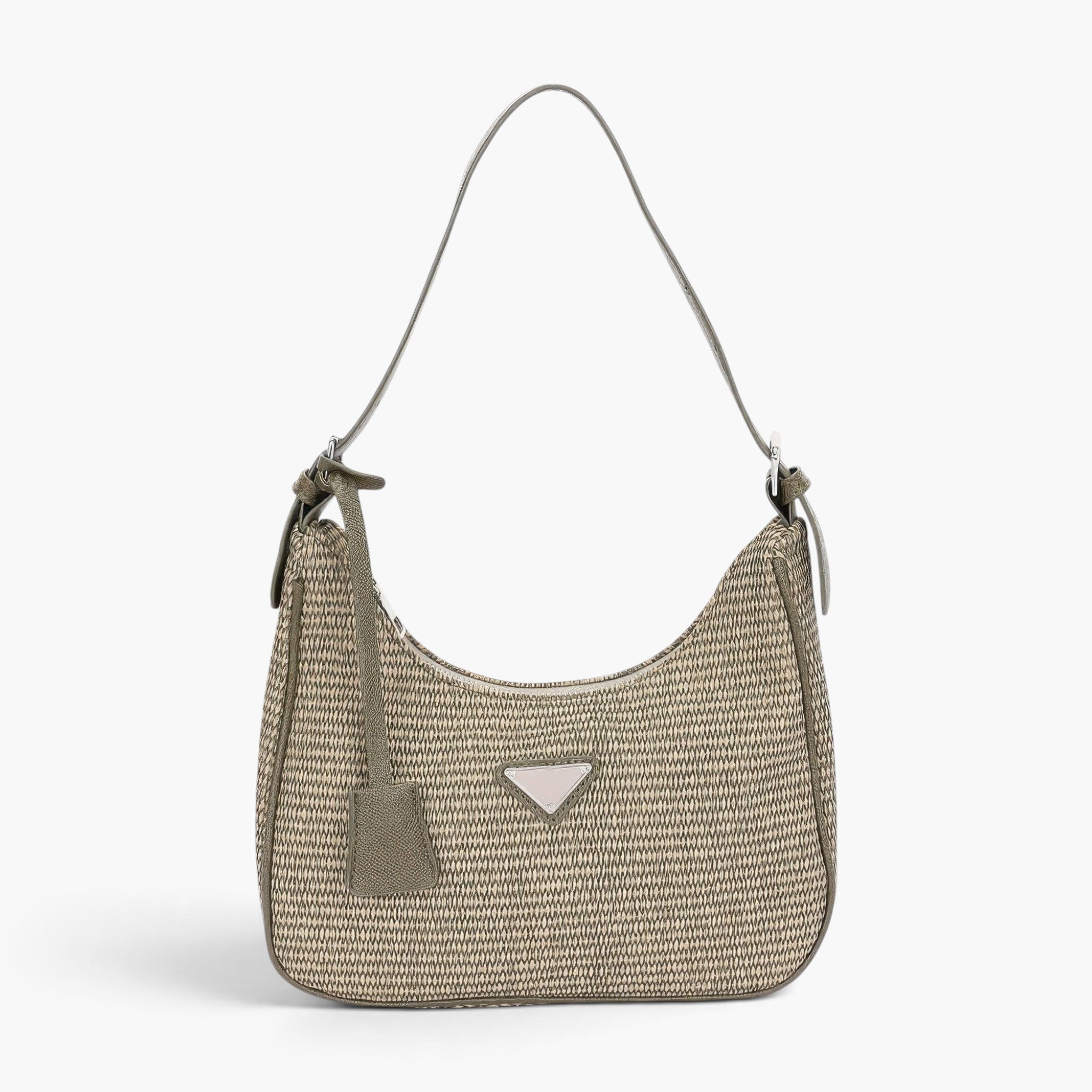 Beach Rose Co. khaki woven faux leather shoulder bag with a structured silhouette and unique triangle handle detail.