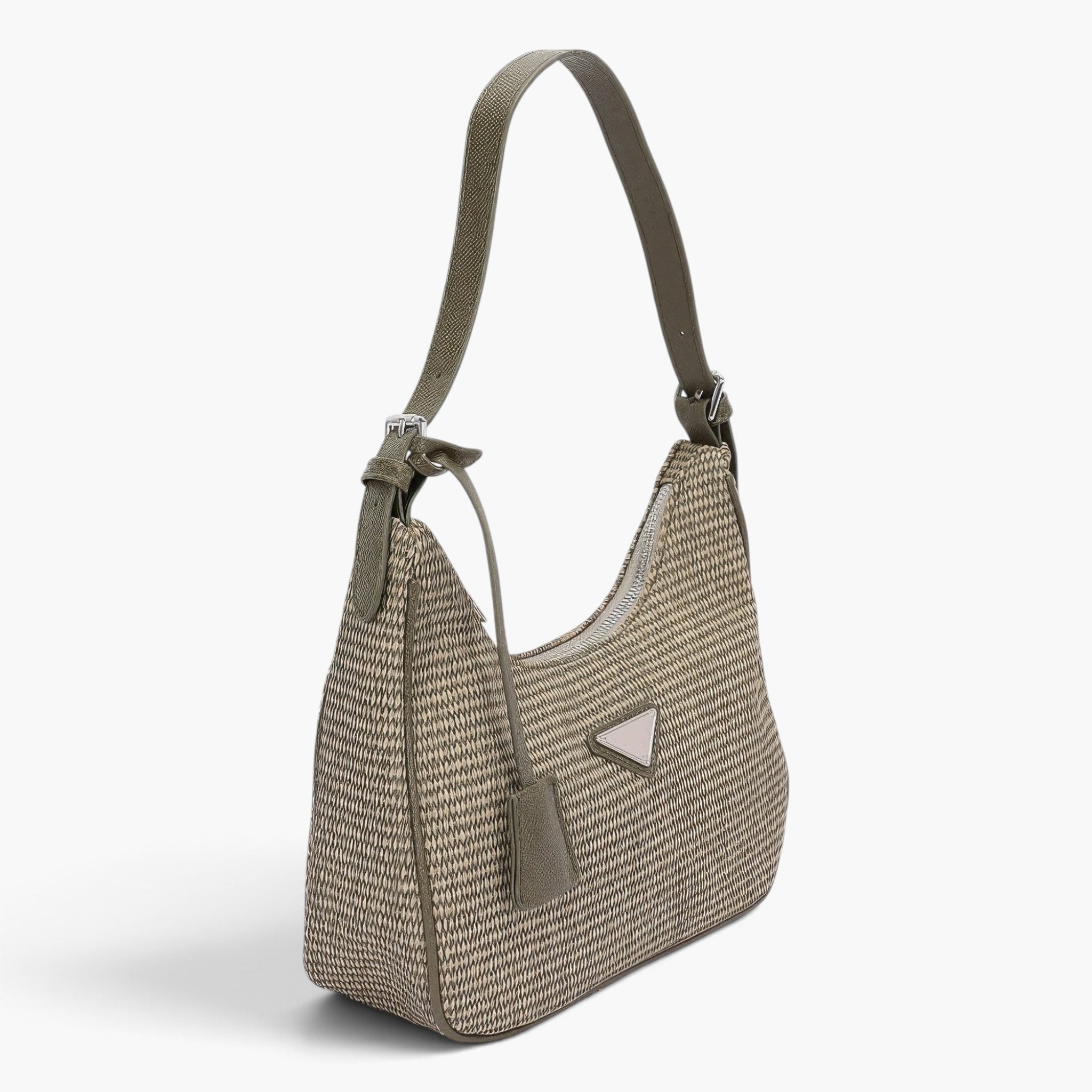 Beach Rose Co. khaki woven faux leather shoulder bag with a structured silhouette and unique triangle handle detail.