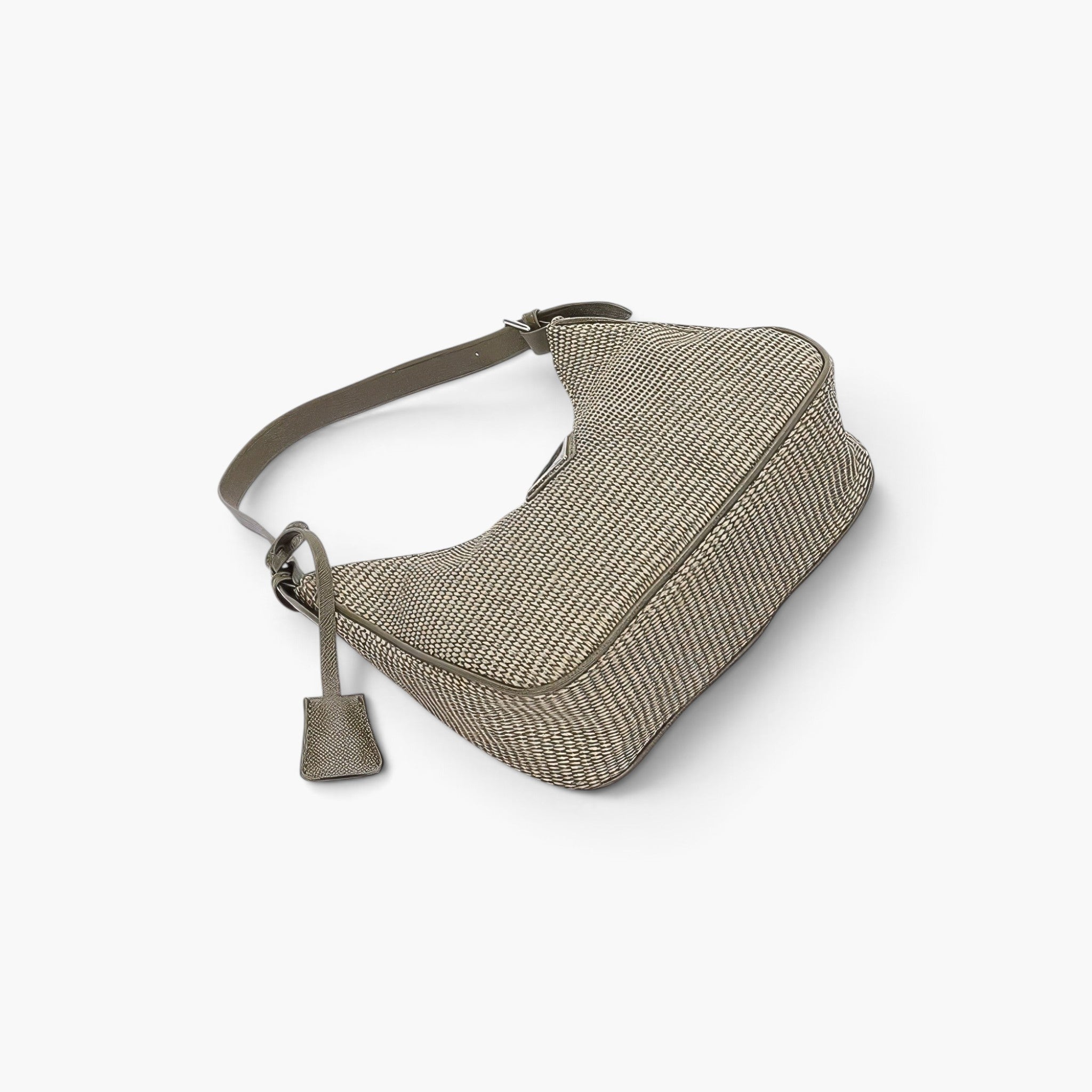 Beach Rose Co. khaki woven faux leather shoulder bag with a structured silhouette and unique triangle handle detail.