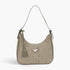 Beach Rose Co. khaki woven faux leather shoulder bag with a structured silhouette and unique triangle handle detail.