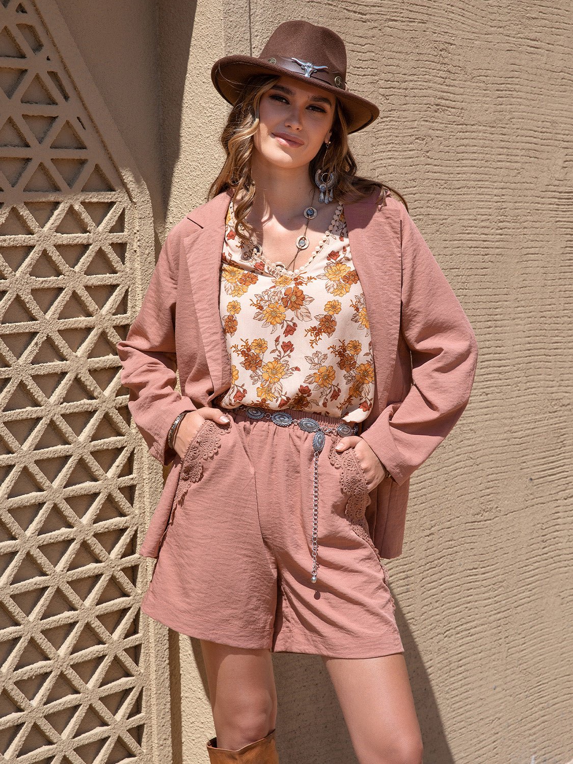 Beach Rose Co. - Lace Detail Jacket and Shorts Set in Dusty Pink