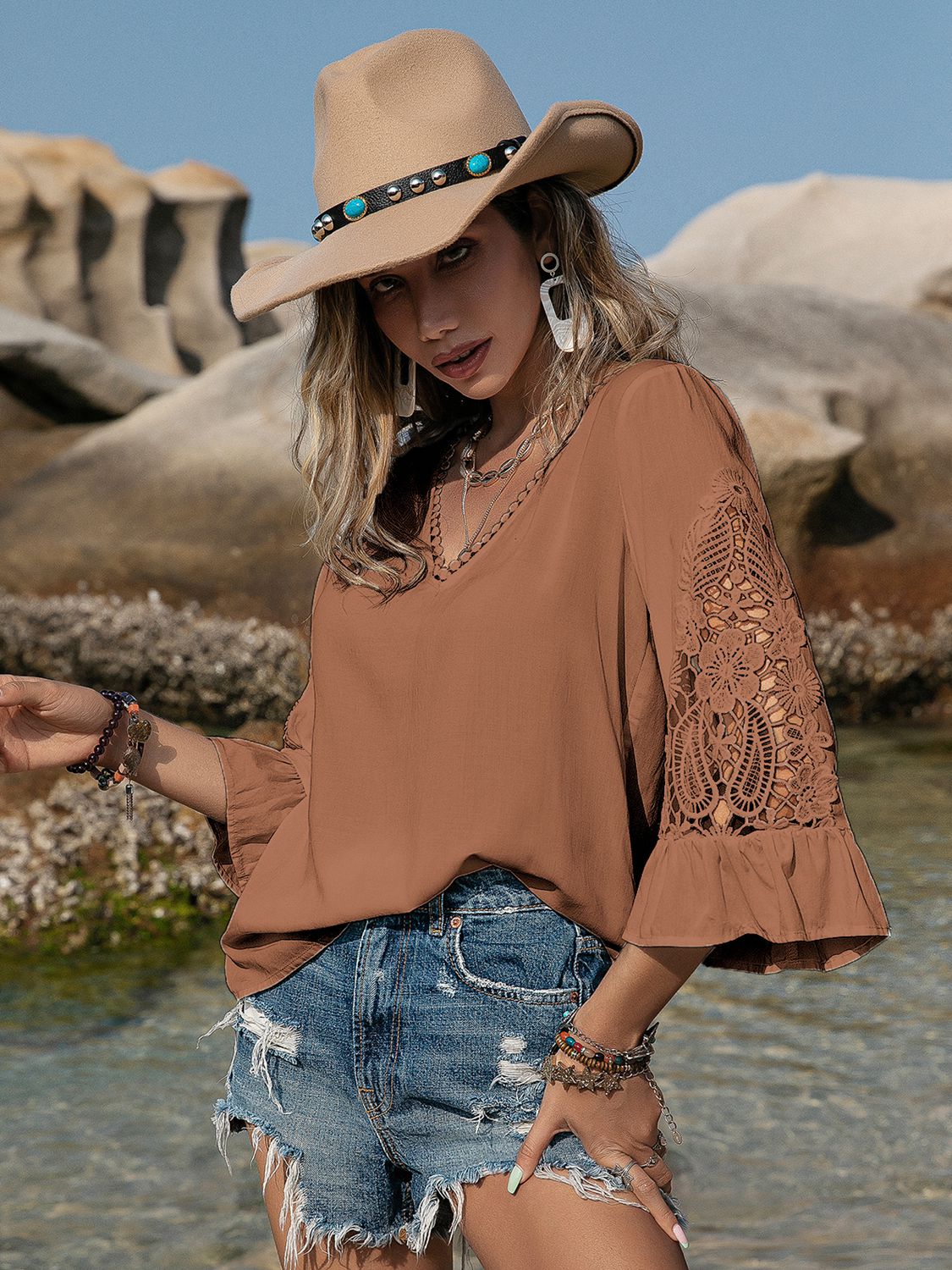 Beach Rose Co. - Lace Detail V - Neck Flounce Sleeve Blouse in Chestnut