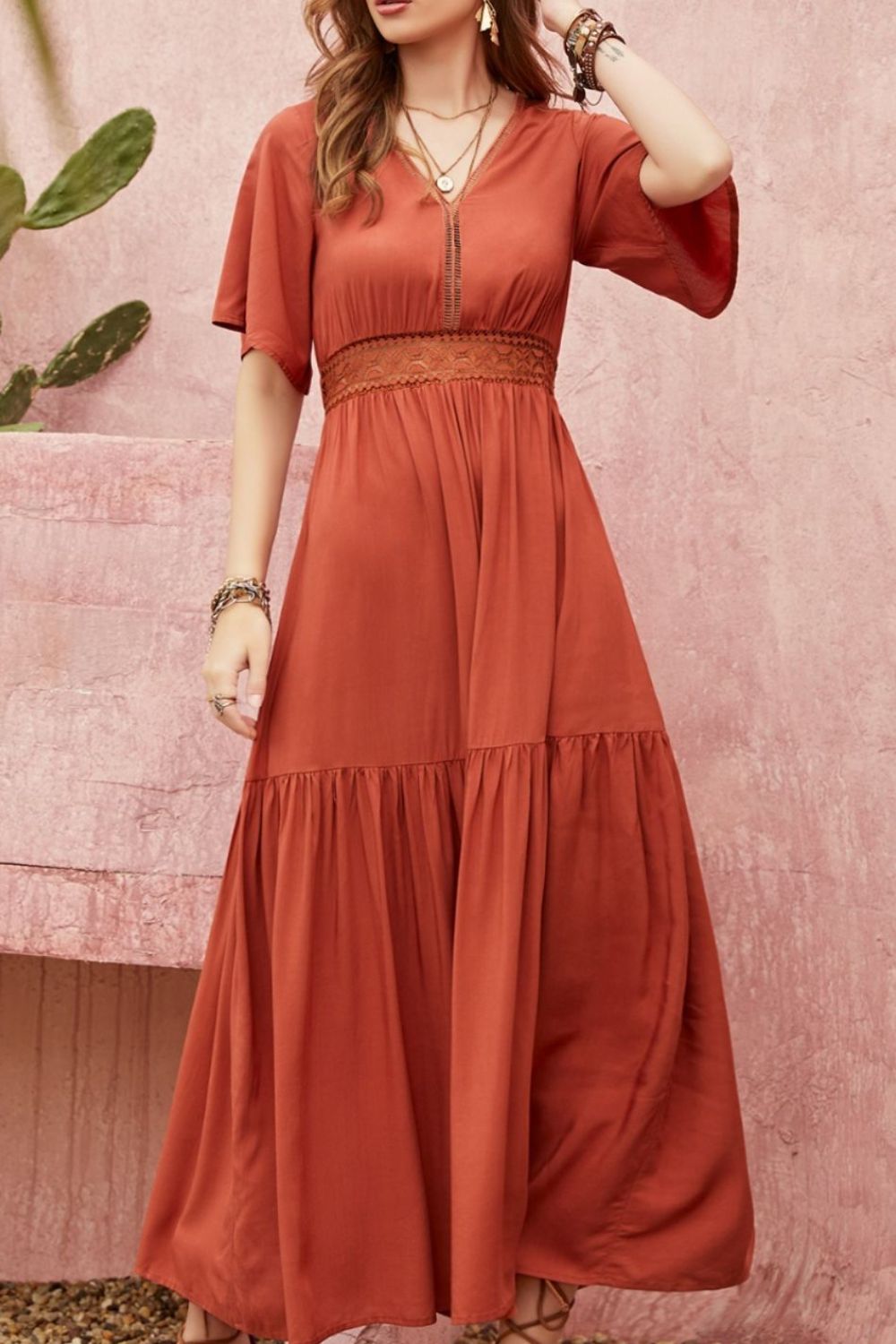 Beach Rose Co. - Lace Detail V - Neck Half Sleeve Midi Dress in Rust