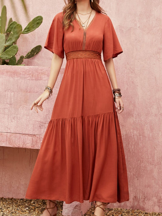 Beach Rose Co. - Lace Detail V - Neck Half Sleeve Midi Dress in Rust