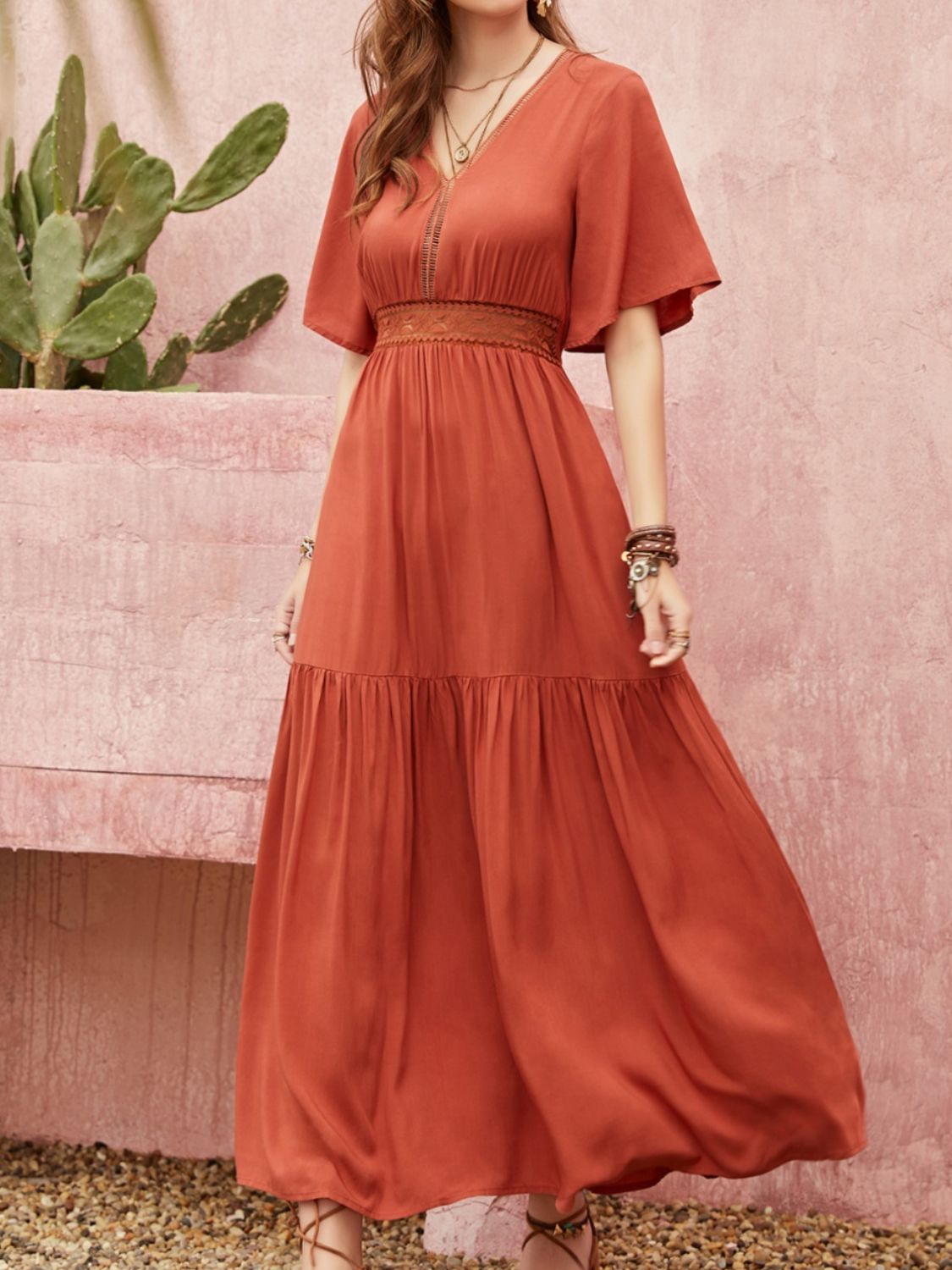 Beach Rose Co. - Lace Detail V - Neck Half Sleeve Midi Dress in Rust