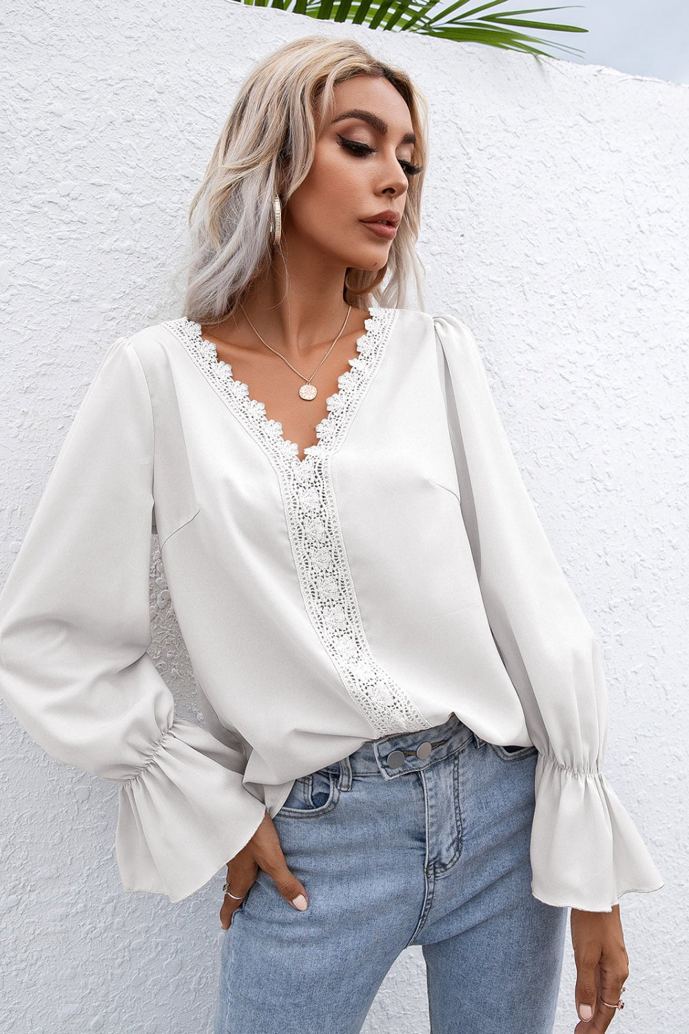 Beach Rose Co. - Lace Trim Flounce Sleeve Blouse