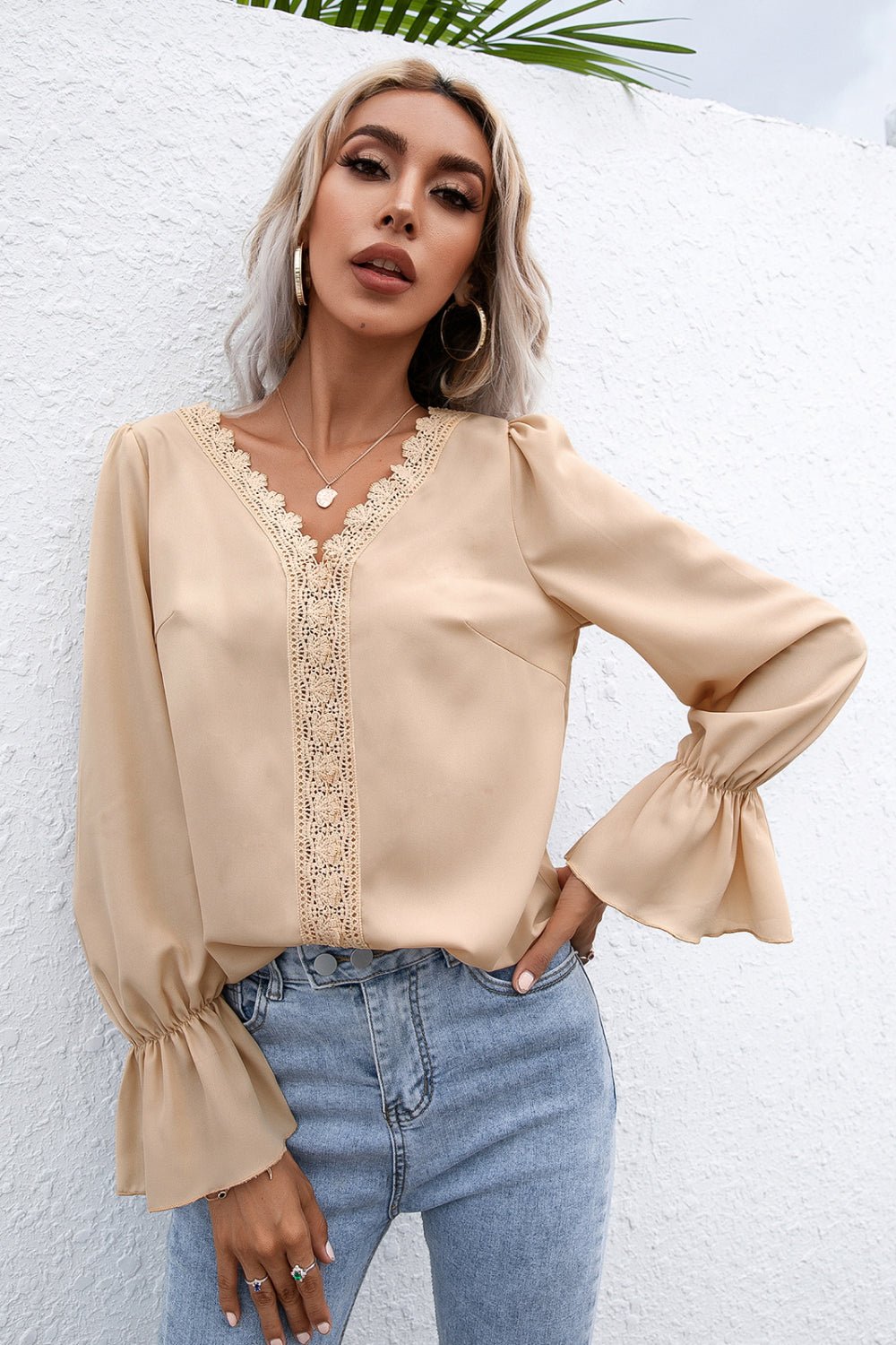 Beach Rose Co. - Lace Trim Flounce Sleeve Blouse