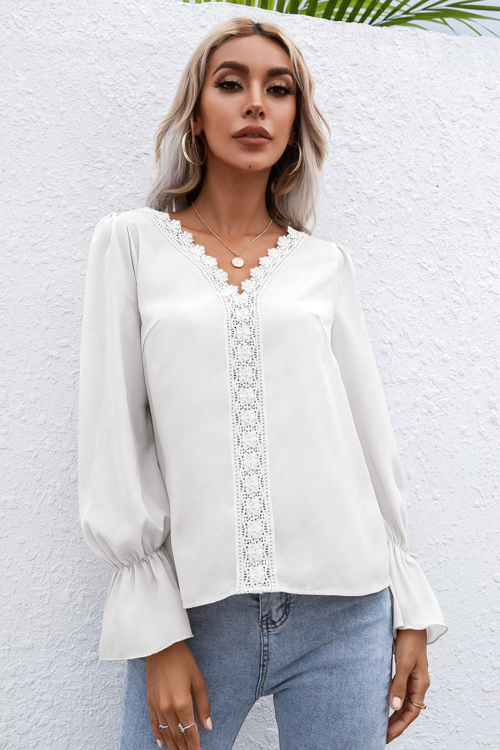 Beach Rose Co. - Lace Trim Flounce Sleeve Blouse