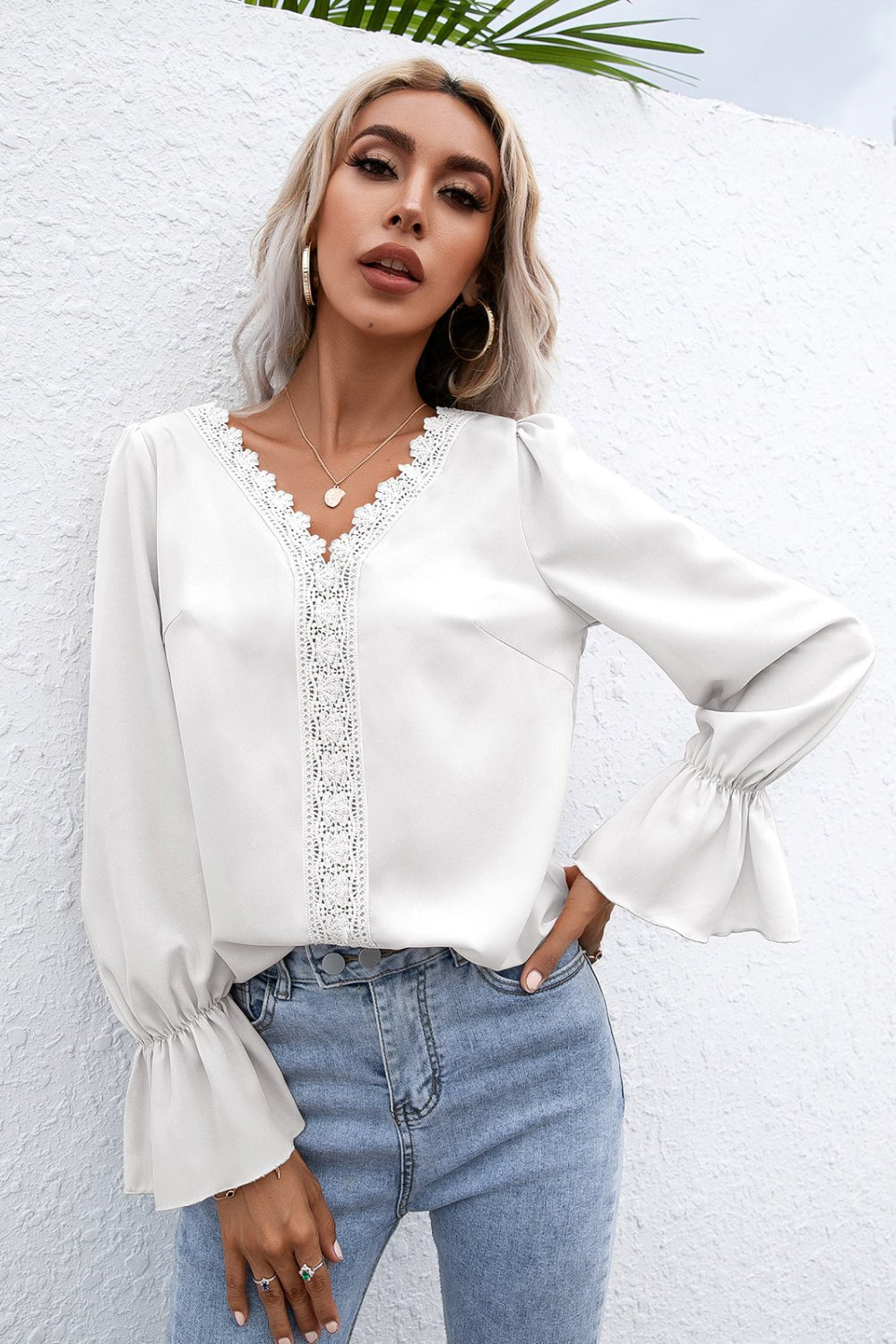 Beach Rose Co. - Lace Trim Flounce Sleeve Blouse