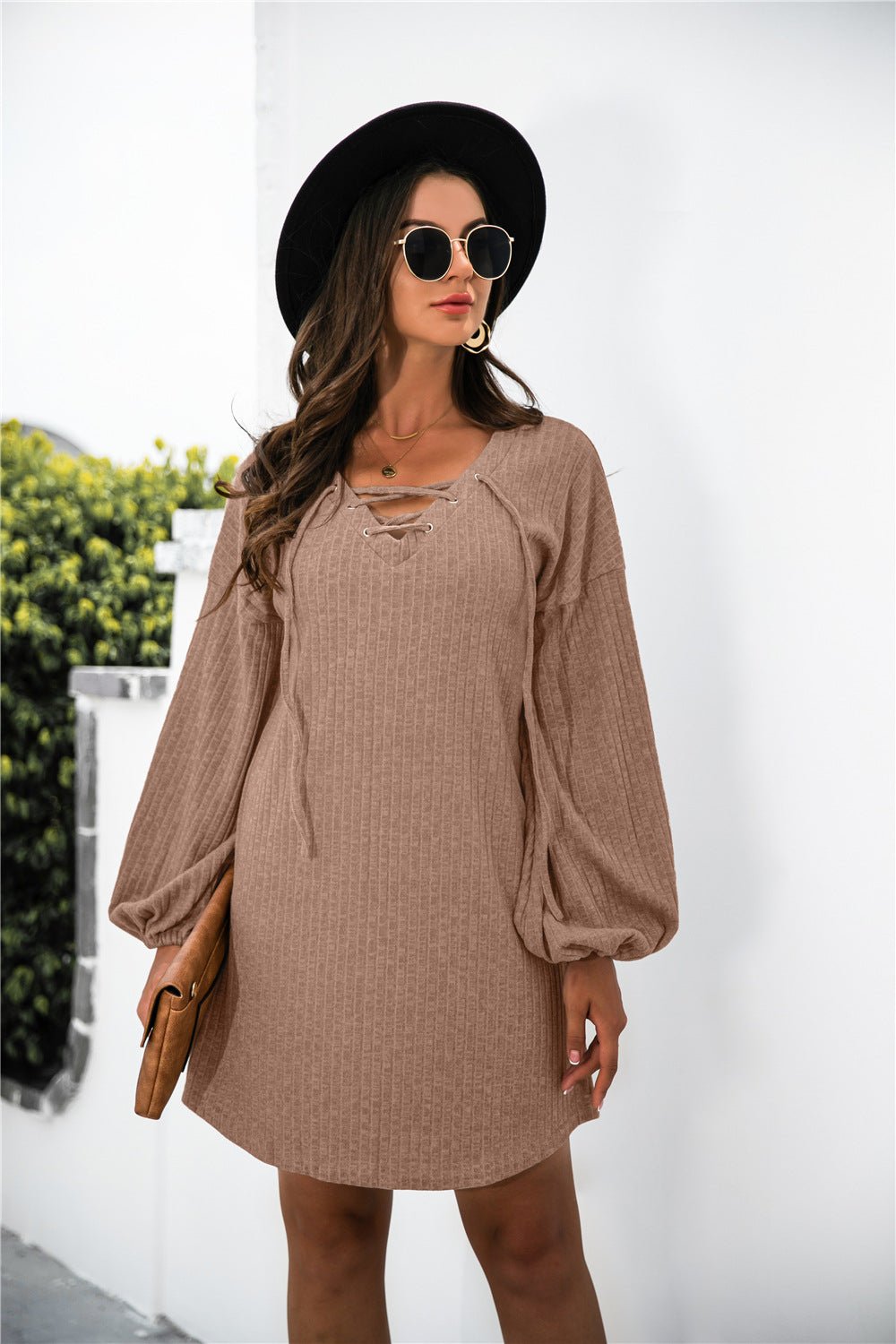 Beach Rose Co. - Lace - Up Neckline Knit Mini Dress in Khaki