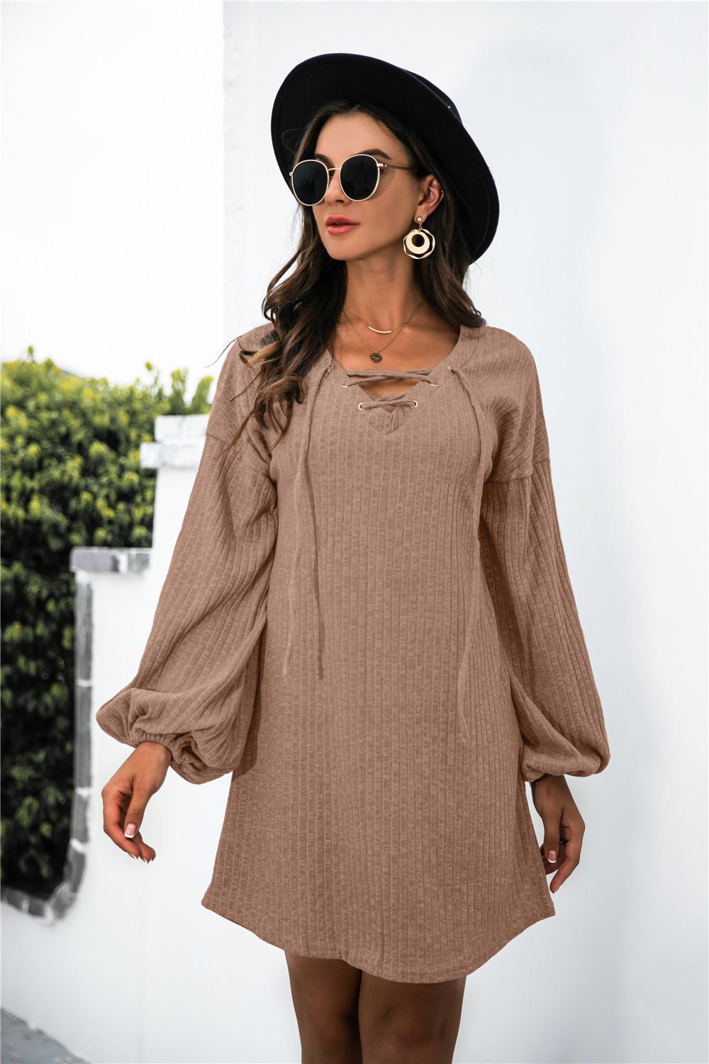 Beach Rose Co. - Lace - Up Neckline Knit Mini Dress in Khaki