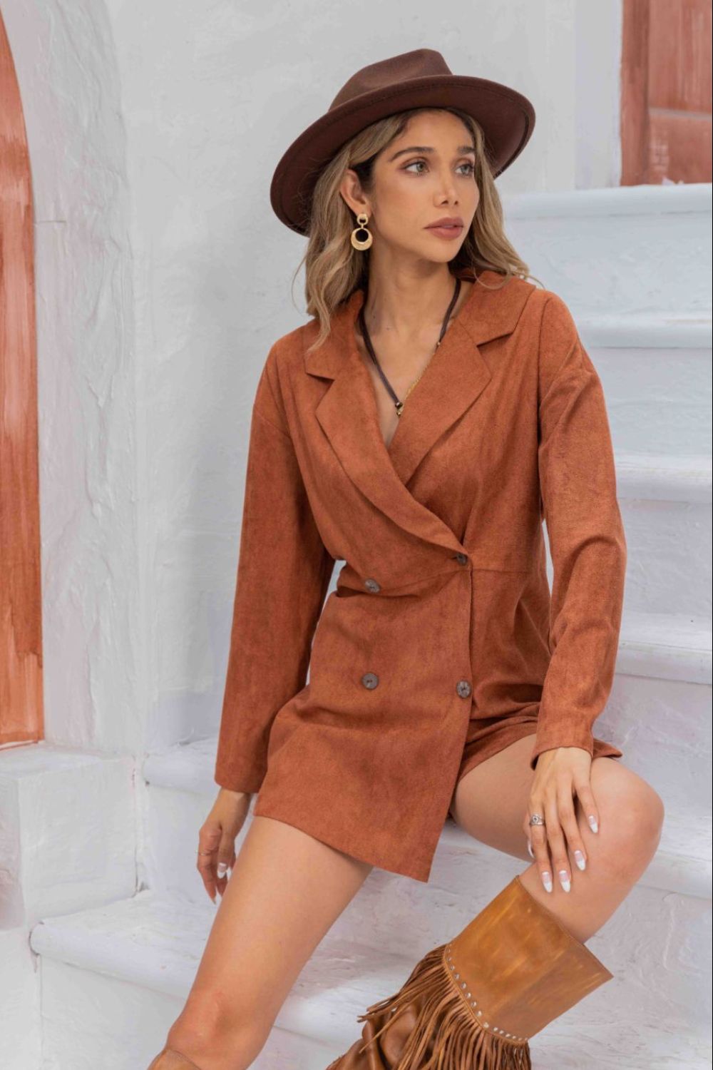 Beach Rose Co. - Lapel Collar Long Sleeve Romper in Caramel