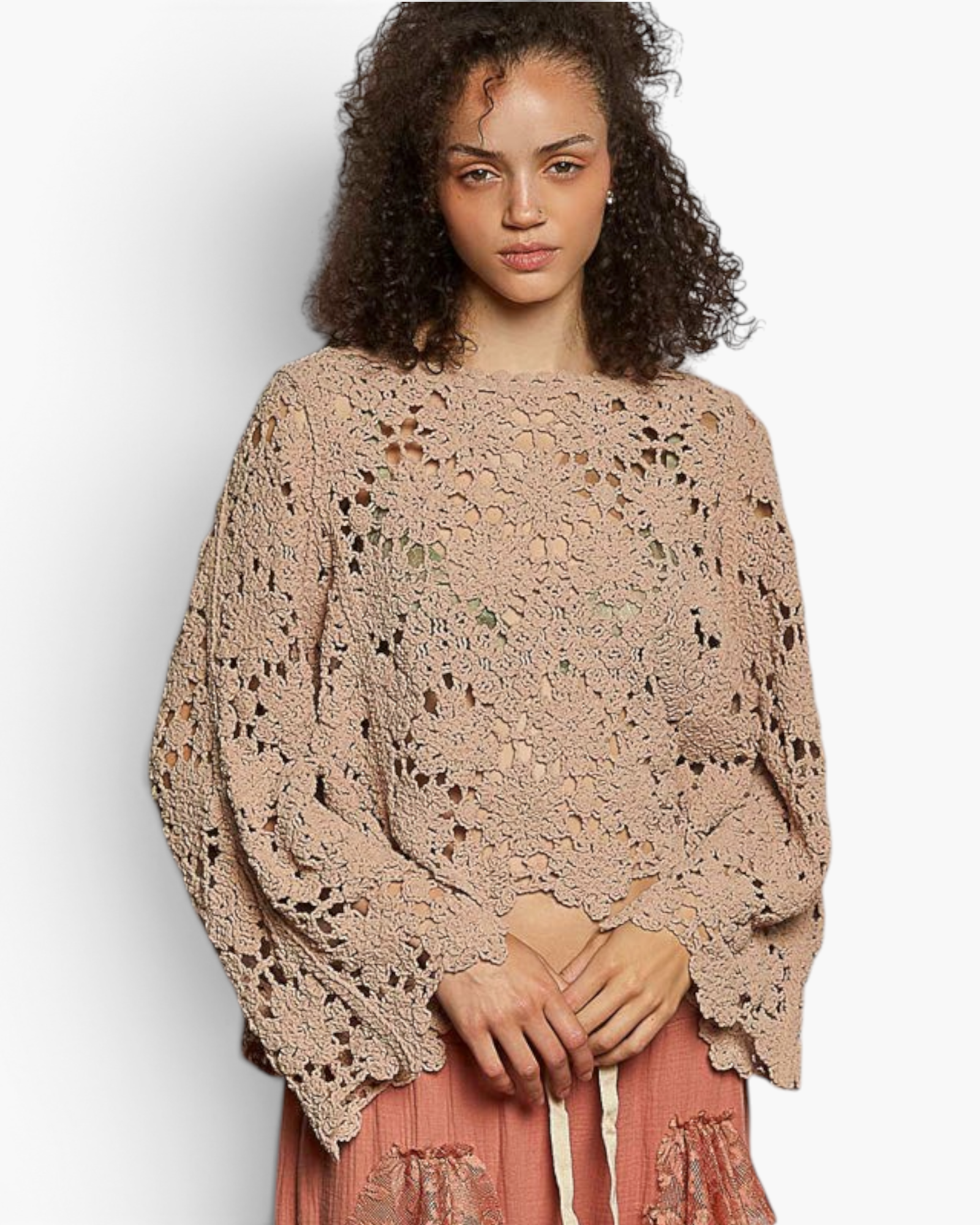 Beach Rose Co. latte open-knit crochet long sleeve top with scalloped edges worn by a model with curly hair.