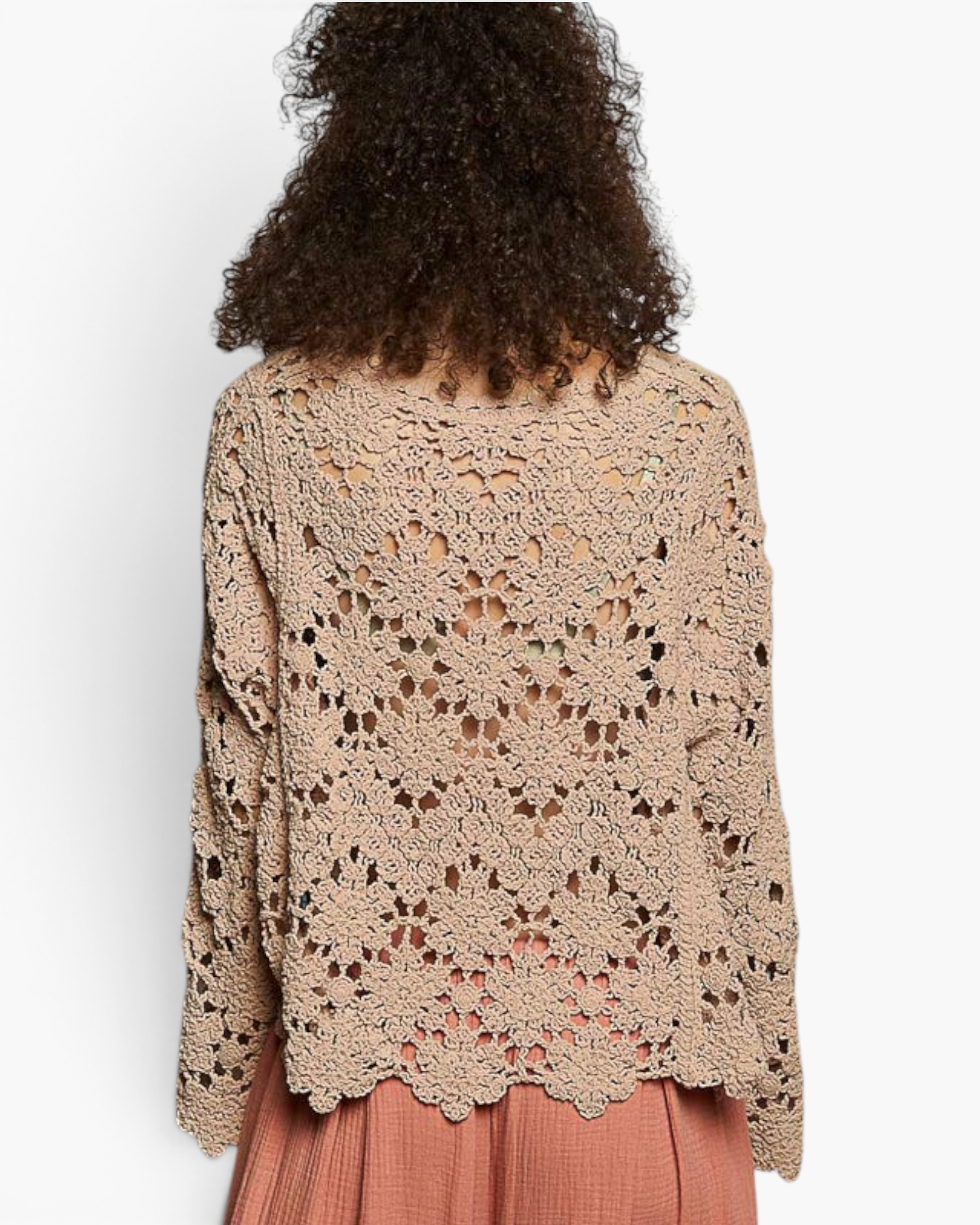 Beach Rose Co. latte open-knit crochet long sleeve top with scalloped hem and relaxed fit, back view.