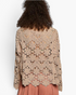 Beach Rose Co. latte open-knit crochet long sleeve top with scalloped hem and relaxed fit, back view.