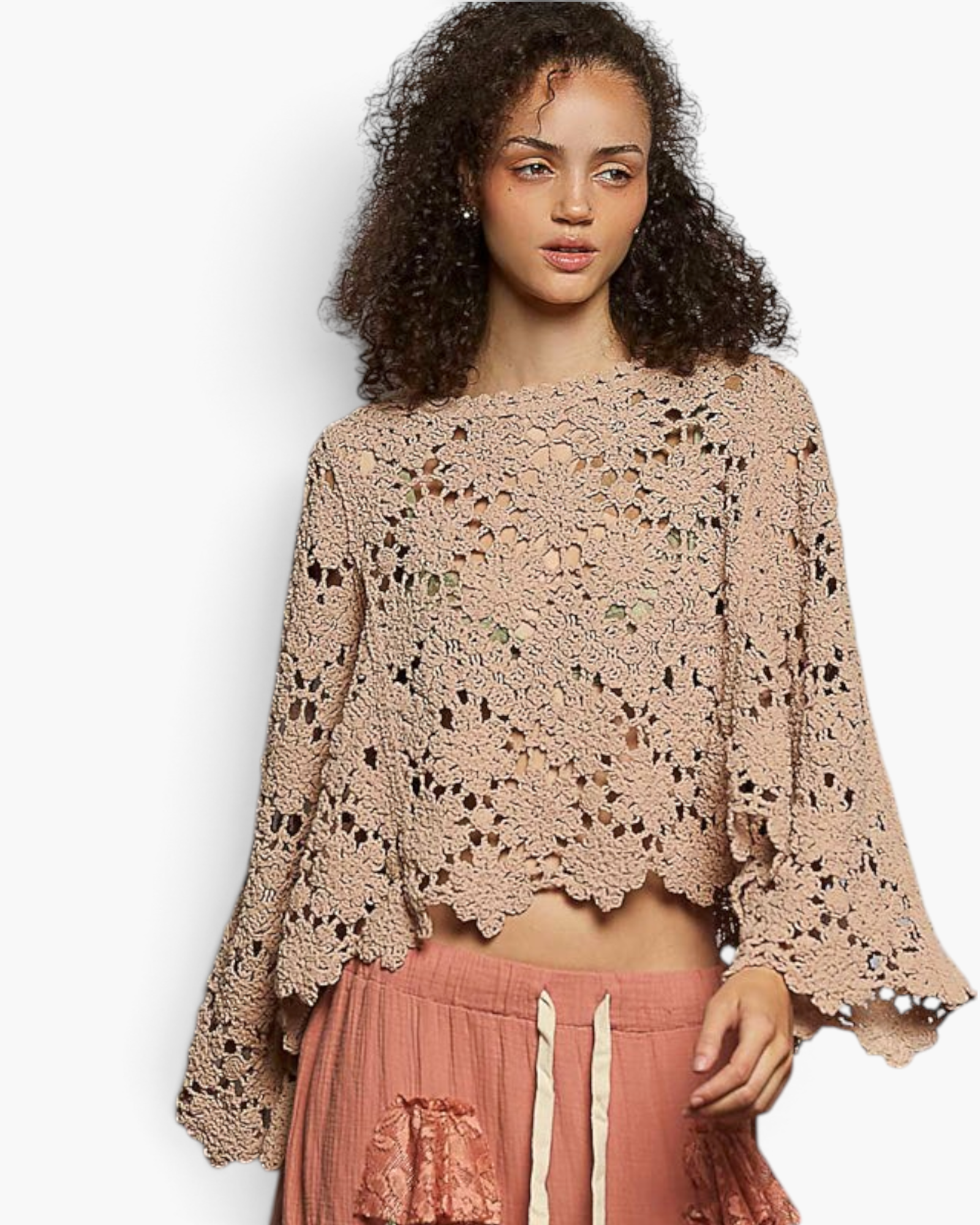 Beach Rose Co. latte open-knit crochet long sleeve top with scalloped edges worn by a model.