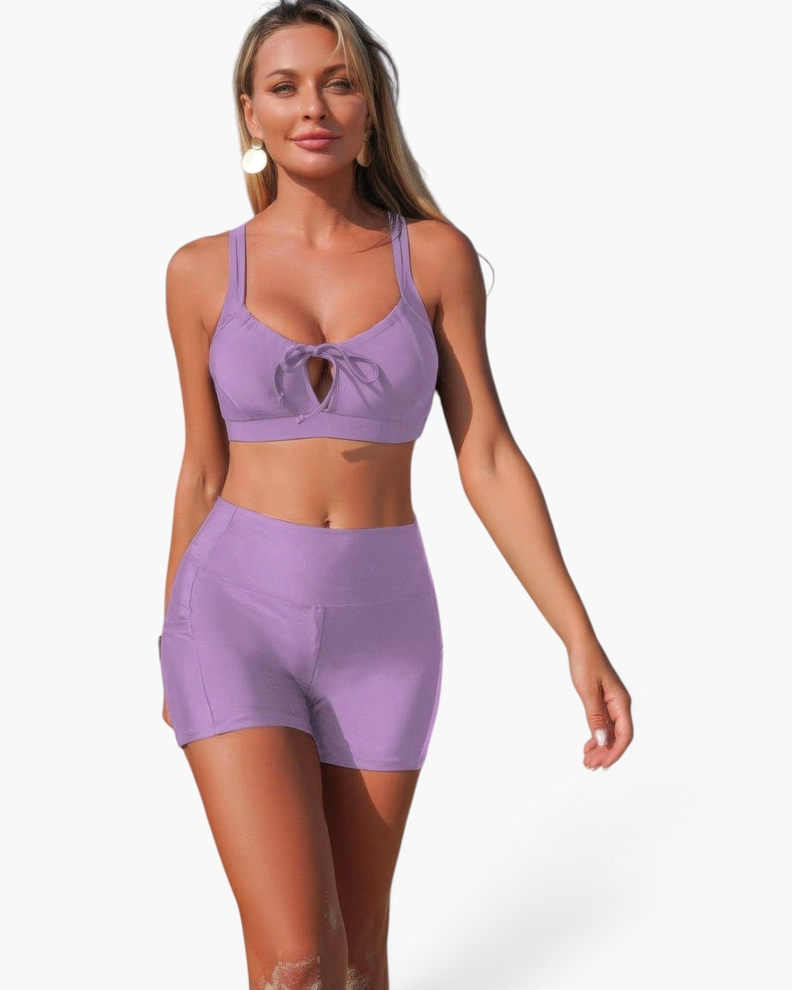 Beach Rose Co. lavender two-piece bikini with a crisscross front top and high-waisted tummy control shorts.