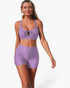 Beach Rose Co. lavender two-piece bikini with a crisscross front top and high-waisted tummy control shorts.