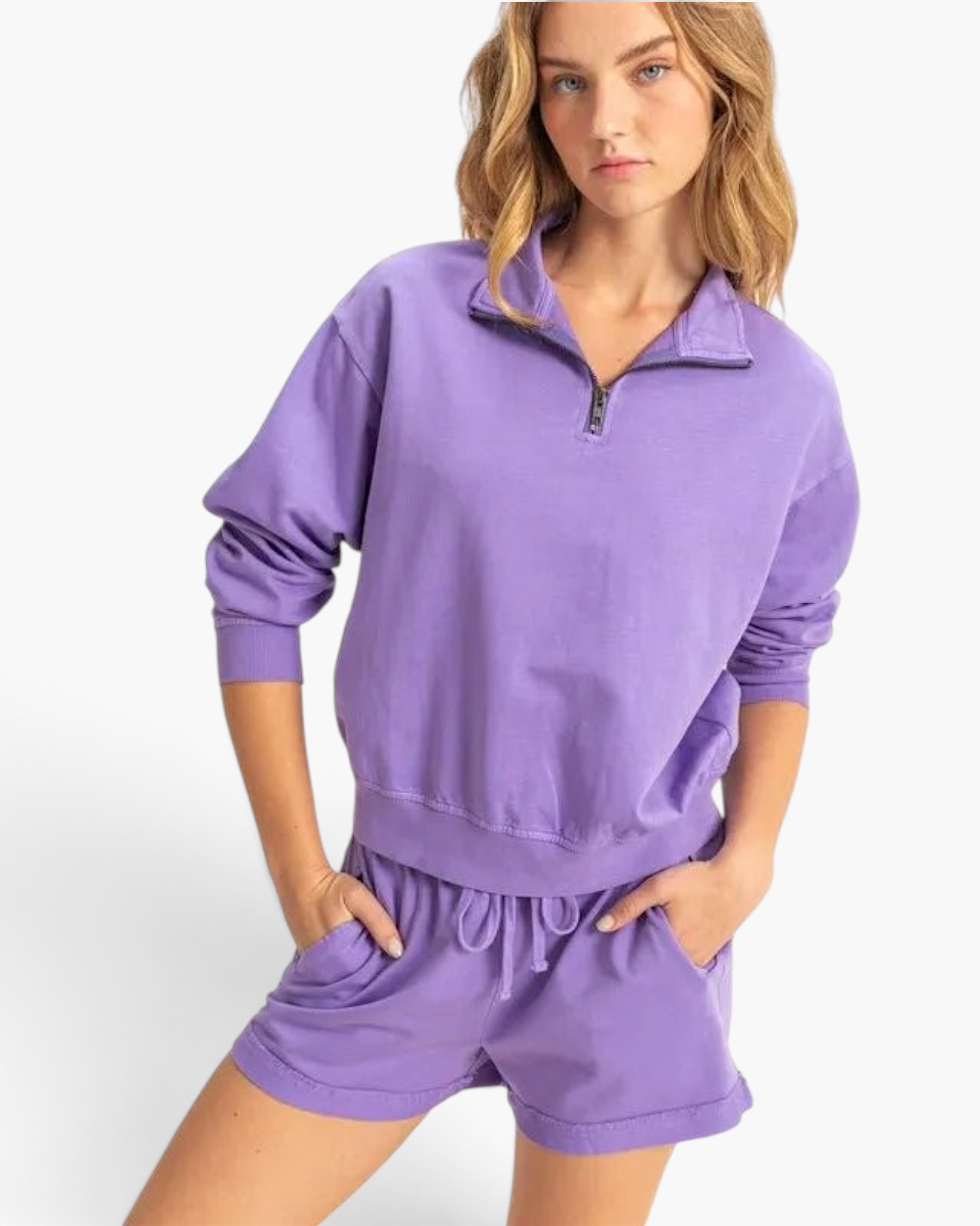 Beach Rose Co. lavender cotton half-zip pullover with stand collar and dropped shoulders worn by a blonde model