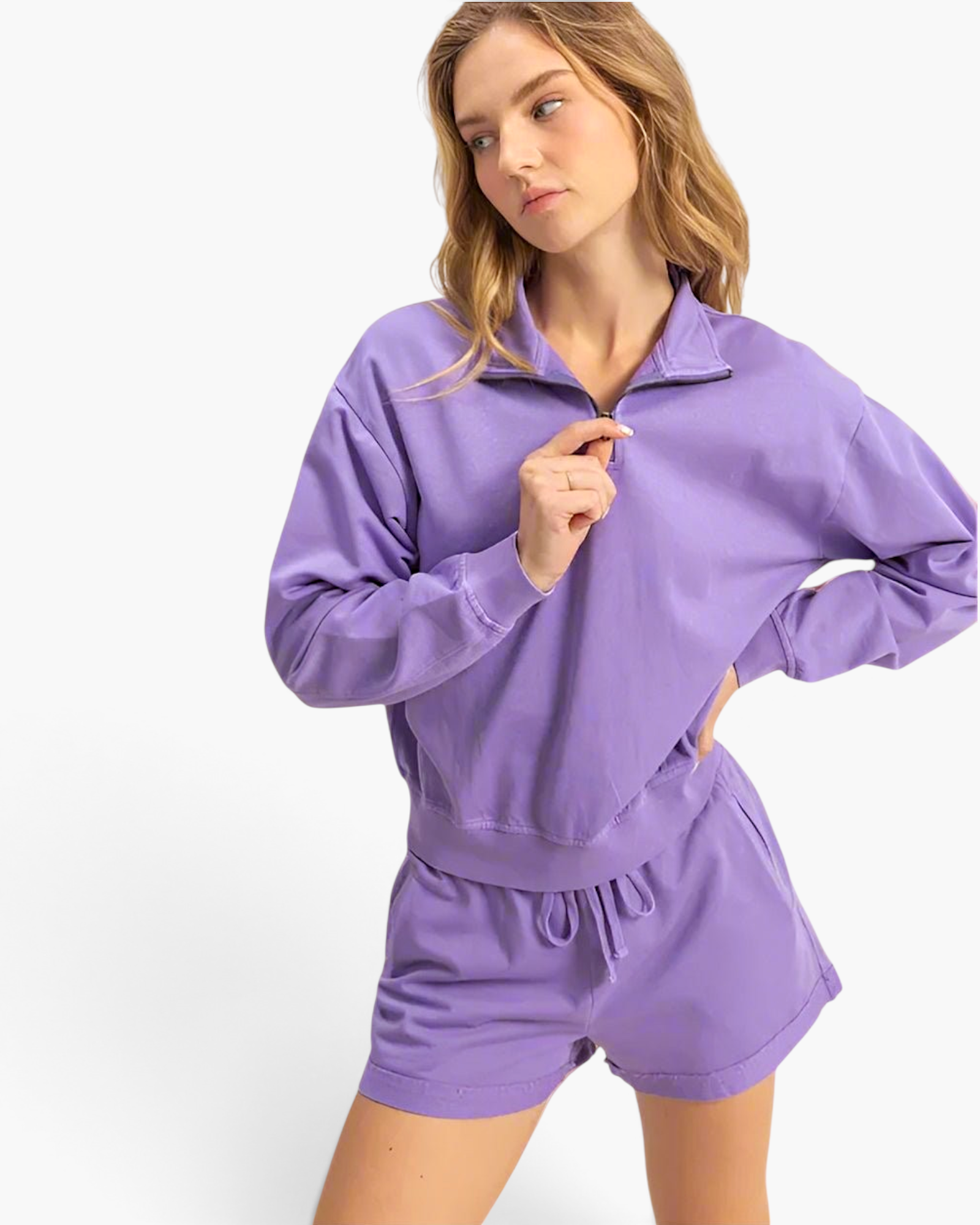 Beach Rose Co. lavender cotton half-zip pullover with stand collar and dropped shoulders worn by a model.