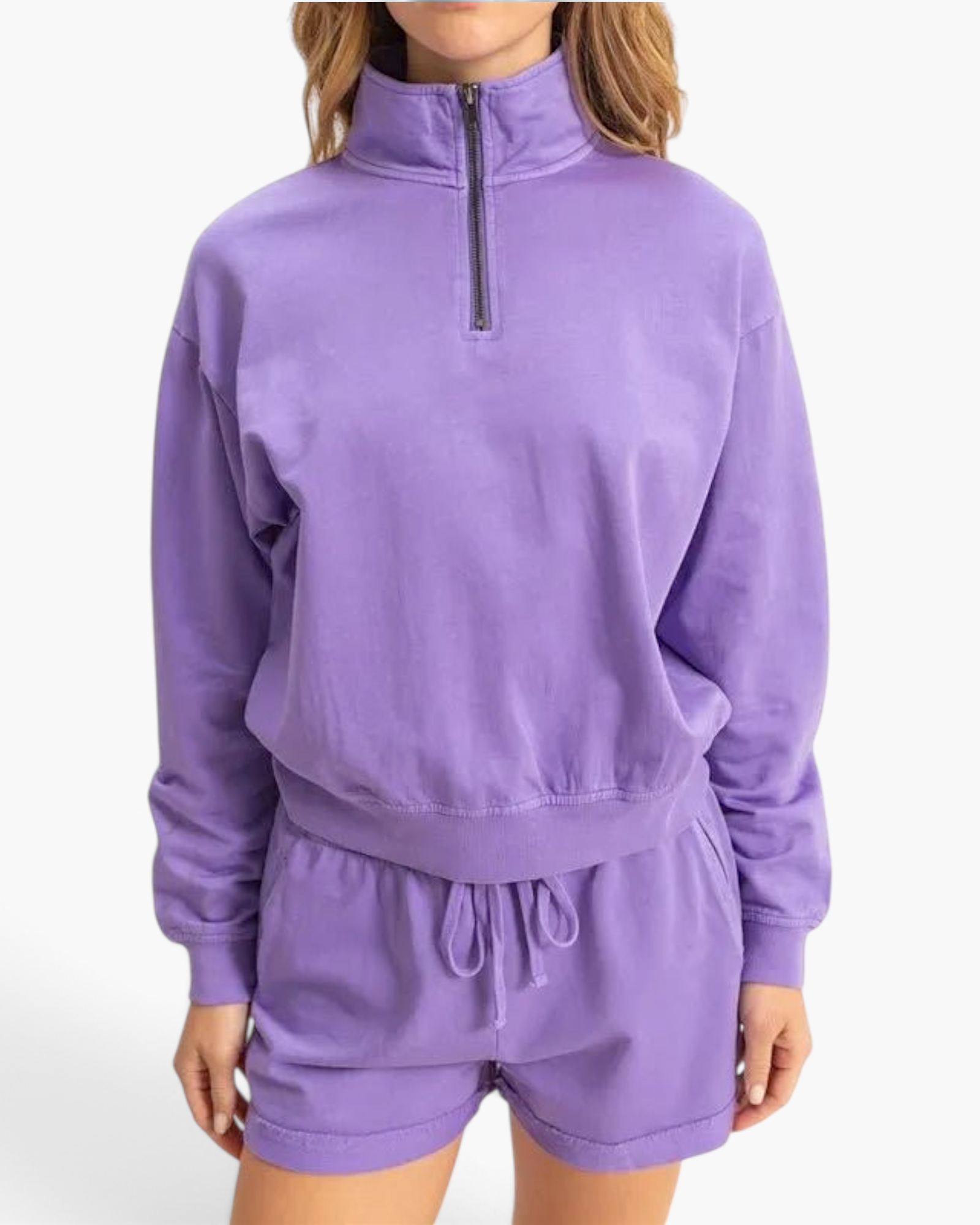 Beach Rose Co. lavender cotton half-zip pullover with a stand collar and relaxed fit worn with matching shorts.