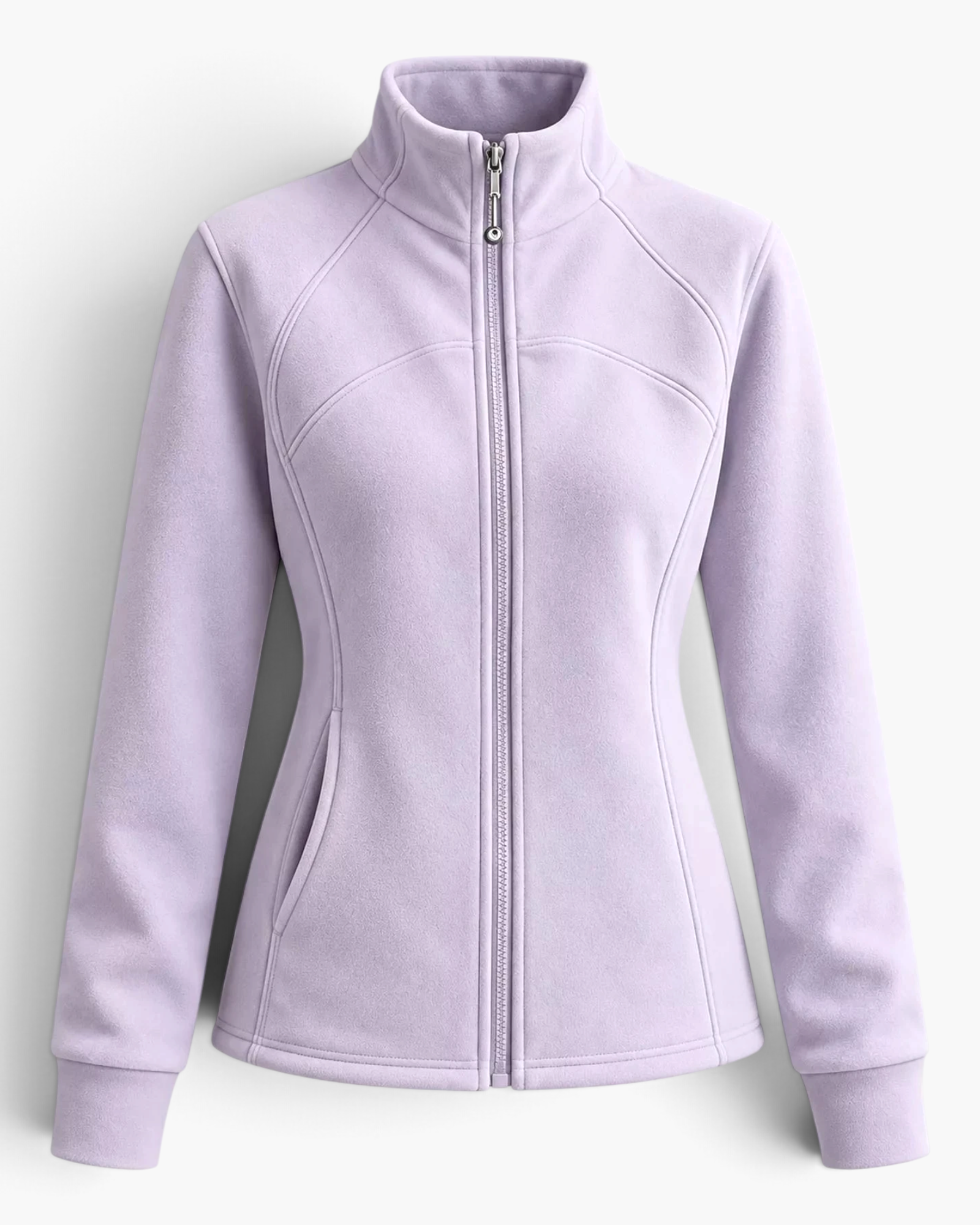 Beach Rose Co. lavender fitted zip-up jacket with a stand collar, contoured seams, and side pockets in polyester.