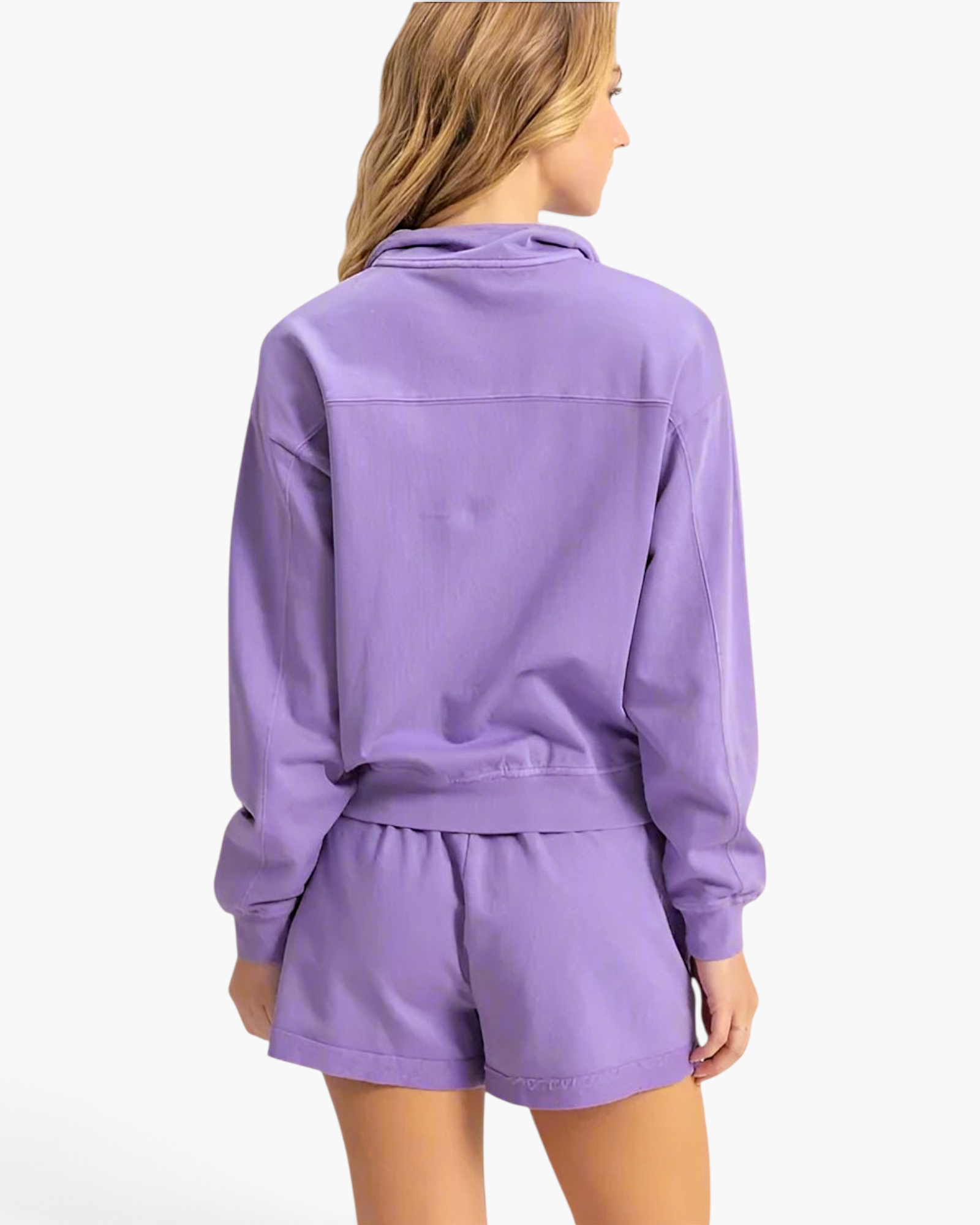 Beach Rose Co. lavender cotton half-zip pullover with dropped shoulders and banded hem, back view on a model.