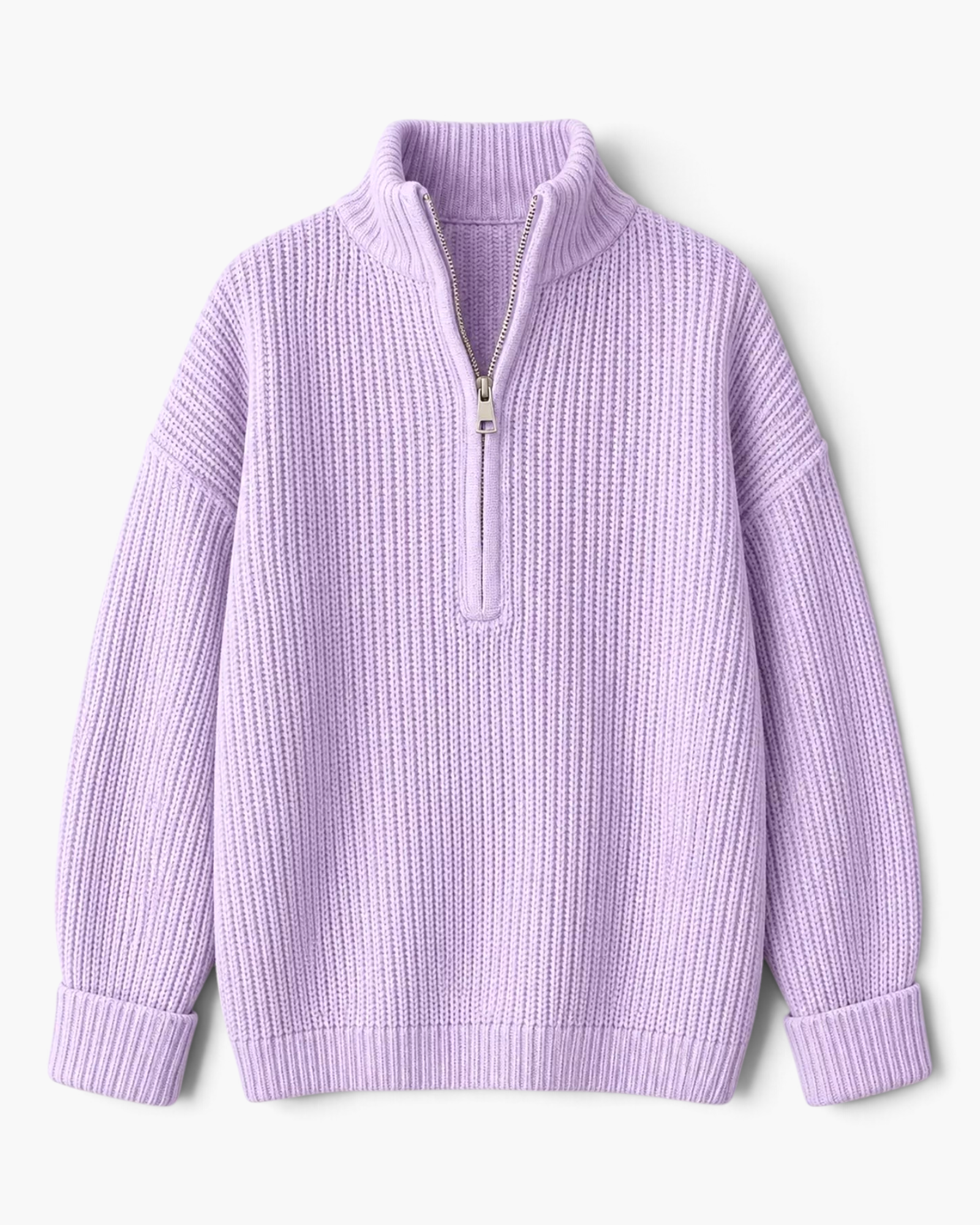 Beach Rose Co. lavender ribbed knit half-zip sweater with a stand collar, dropped shoulders, and relaxed fit.