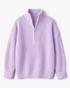 Beach Rose Co. lavender ribbed knit half-zip sweater with a stand collar, dropped shoulders, and relaxed fit.