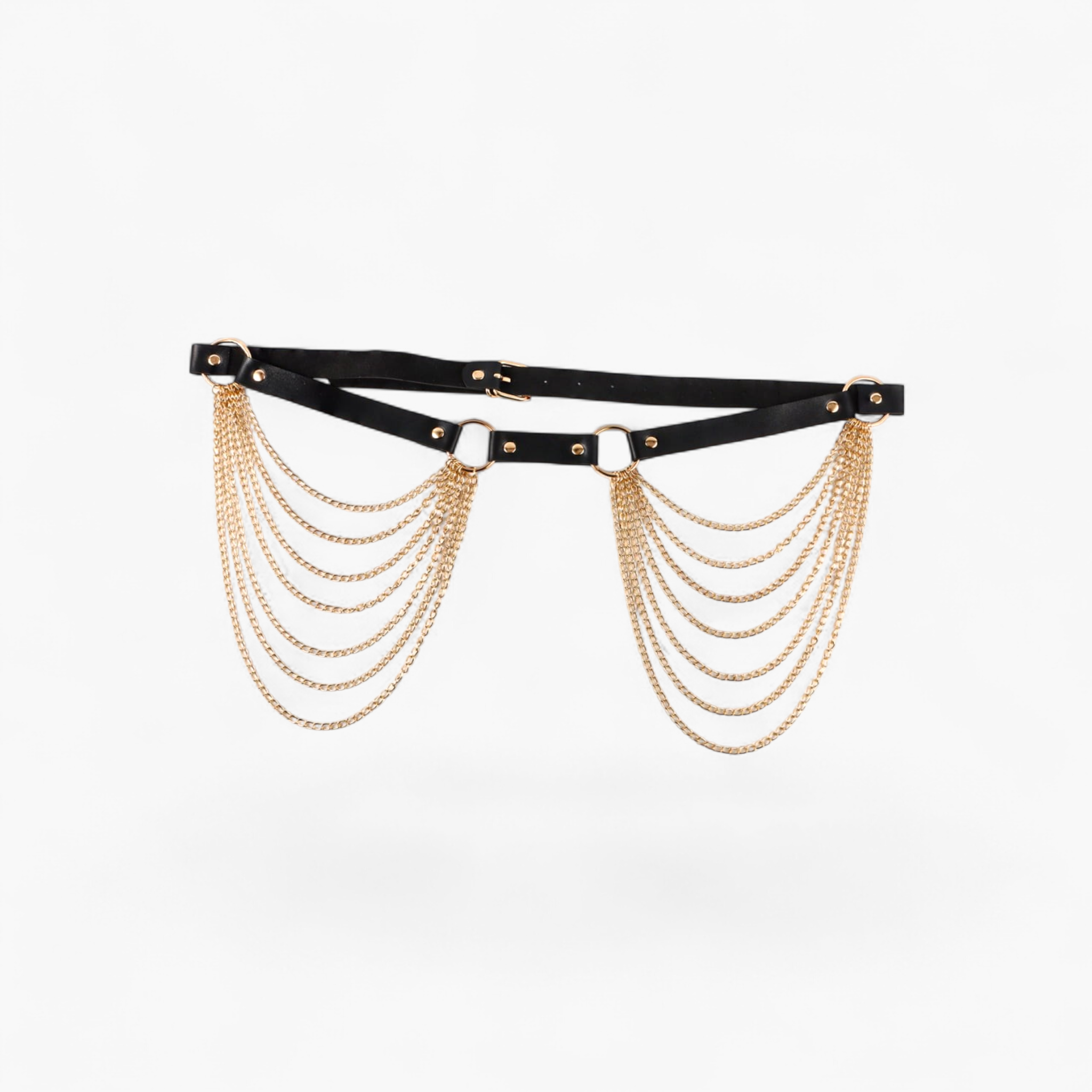 Beach Rose Co. black PU waist belt with gold-tone layered chain drapes and ring accents.