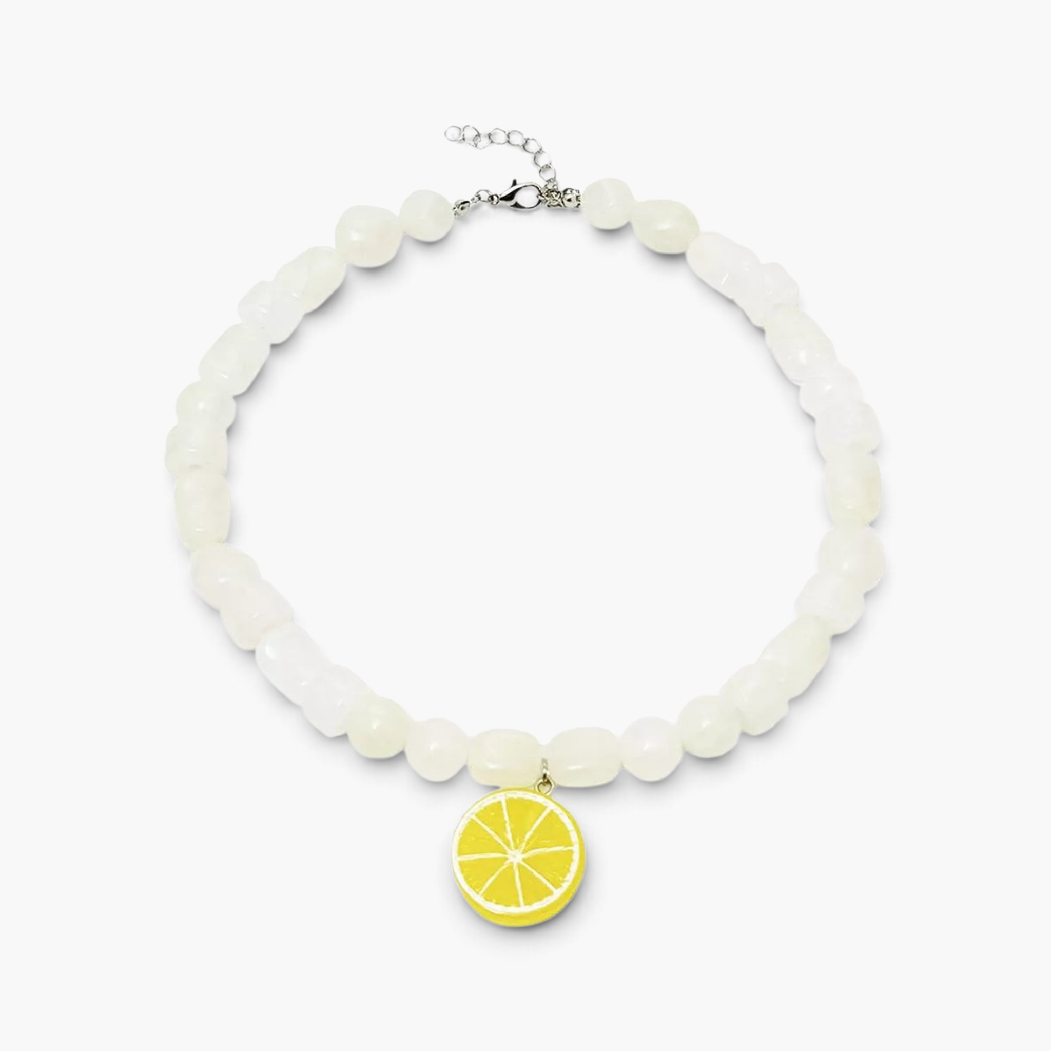 Beach Rose Co. white resin beaded necklace featuring a cheerful yellow lemon slice pendant on a short chain.