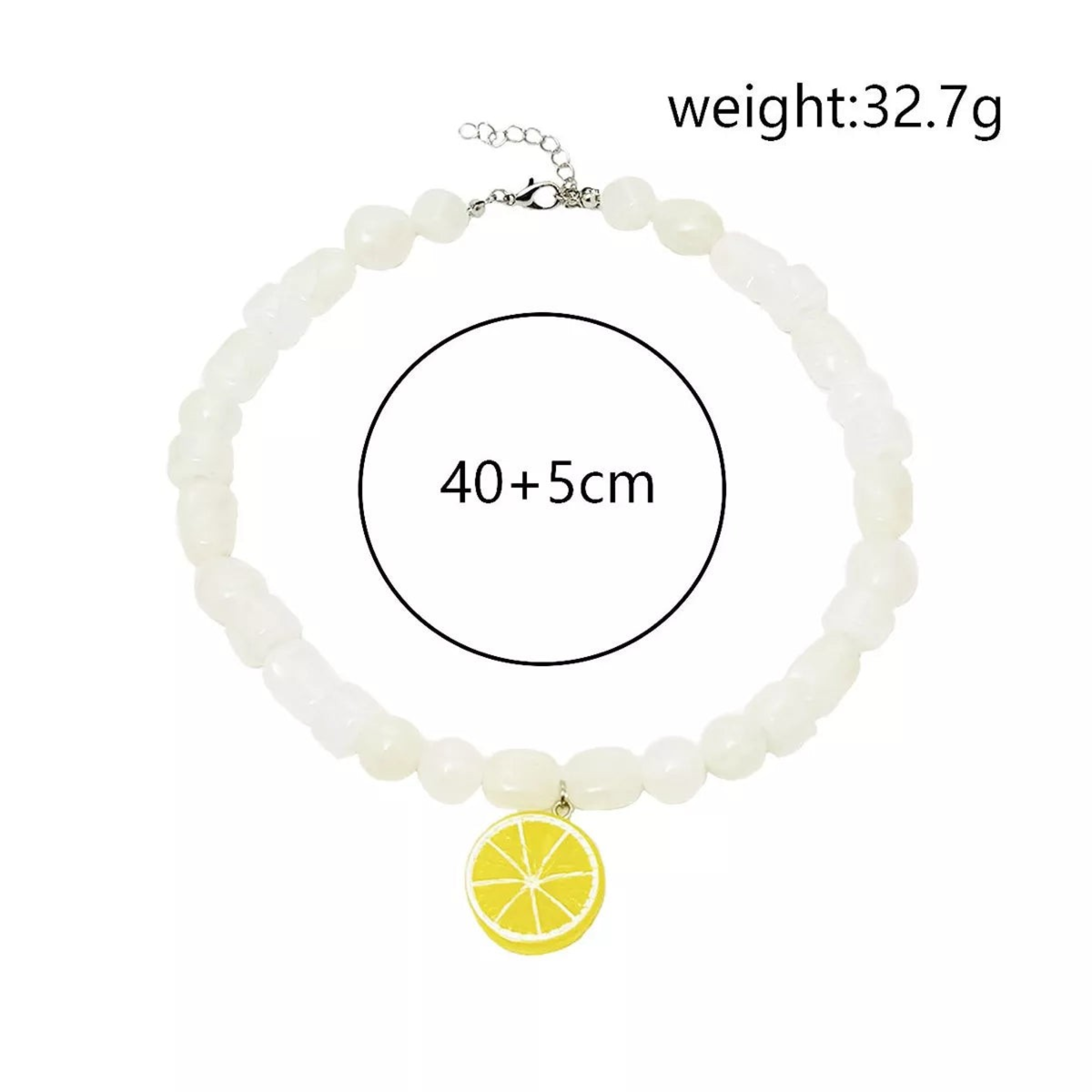Beach Rose Co. white resin beaded necklace featuring a yellow lemon slice pendant with an adjustable lobster clasp.