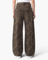 Beach Rose Co. brown leopard print barrel-leg jeans with buttoned back flap pockets and seamed knee detailing.