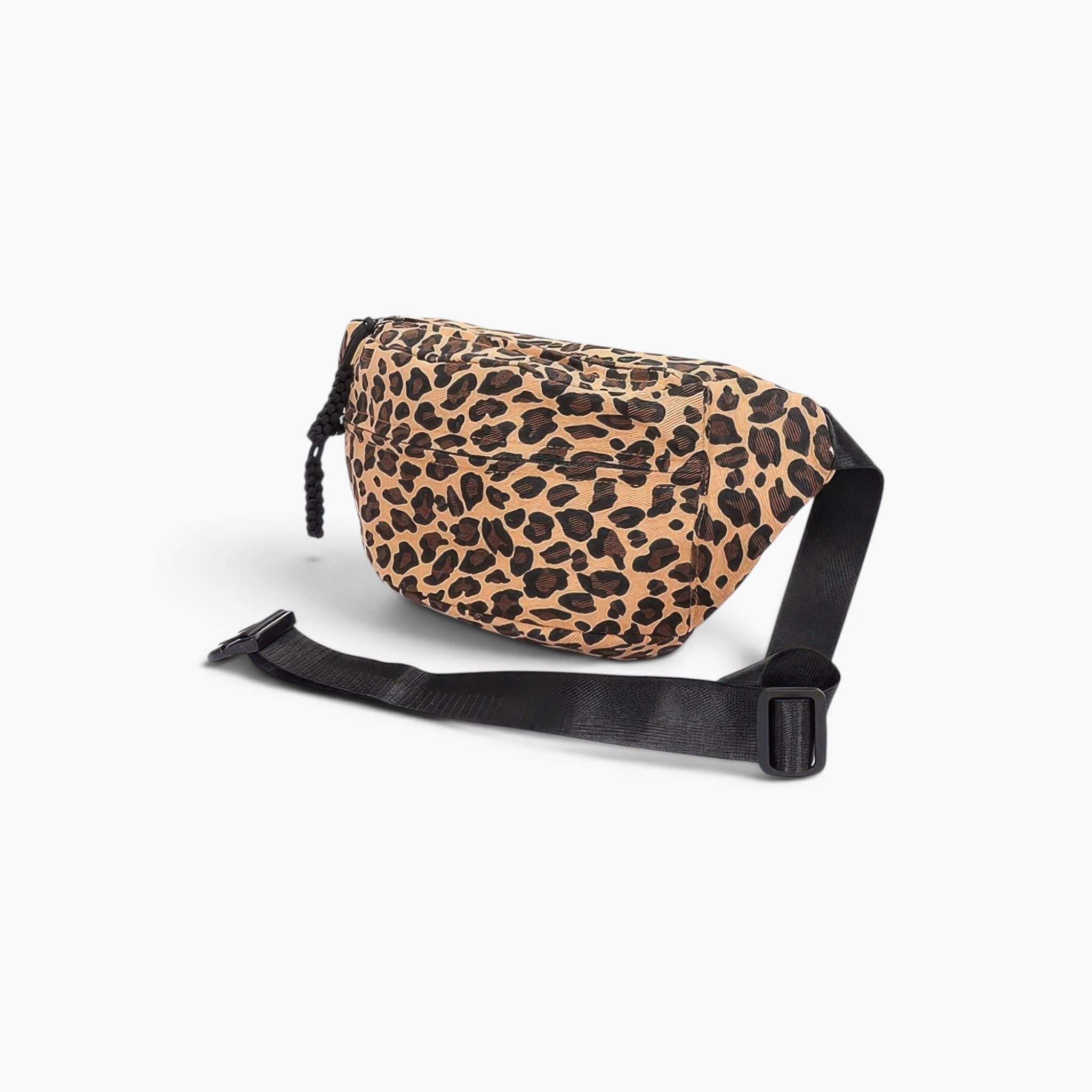 Beach Rose Co. leopard print cotton canvas crossbody bag with an adjustable black strap against a white background.