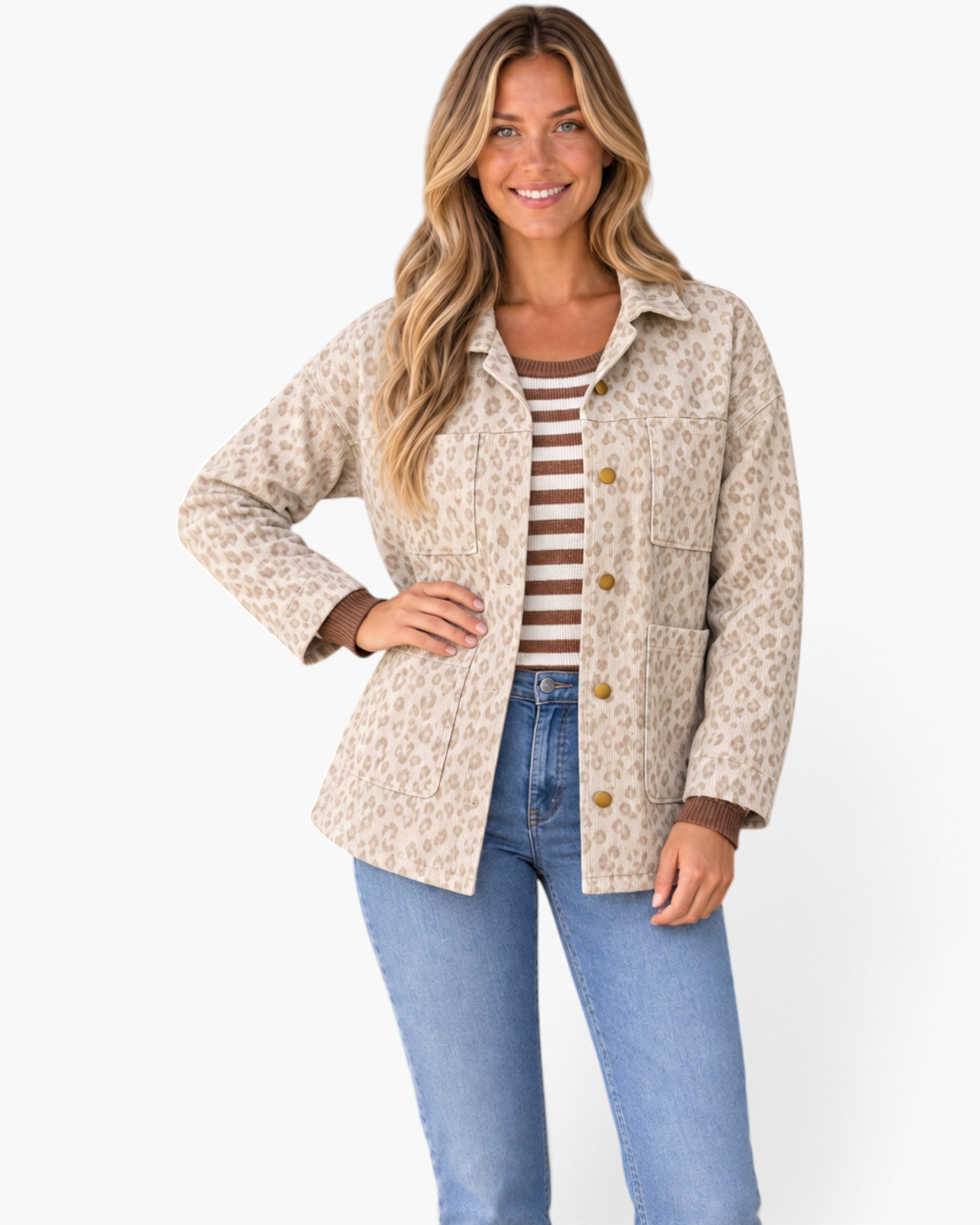 Beach Rose Co. cream and taupe leopard print corduroy shacket with gold buttons and four pockets on a smiling model.