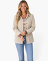 Beach Rose Co. cream and taupe leopard print corduroy shacket with gold buttons worn by a smiling blonde model.
