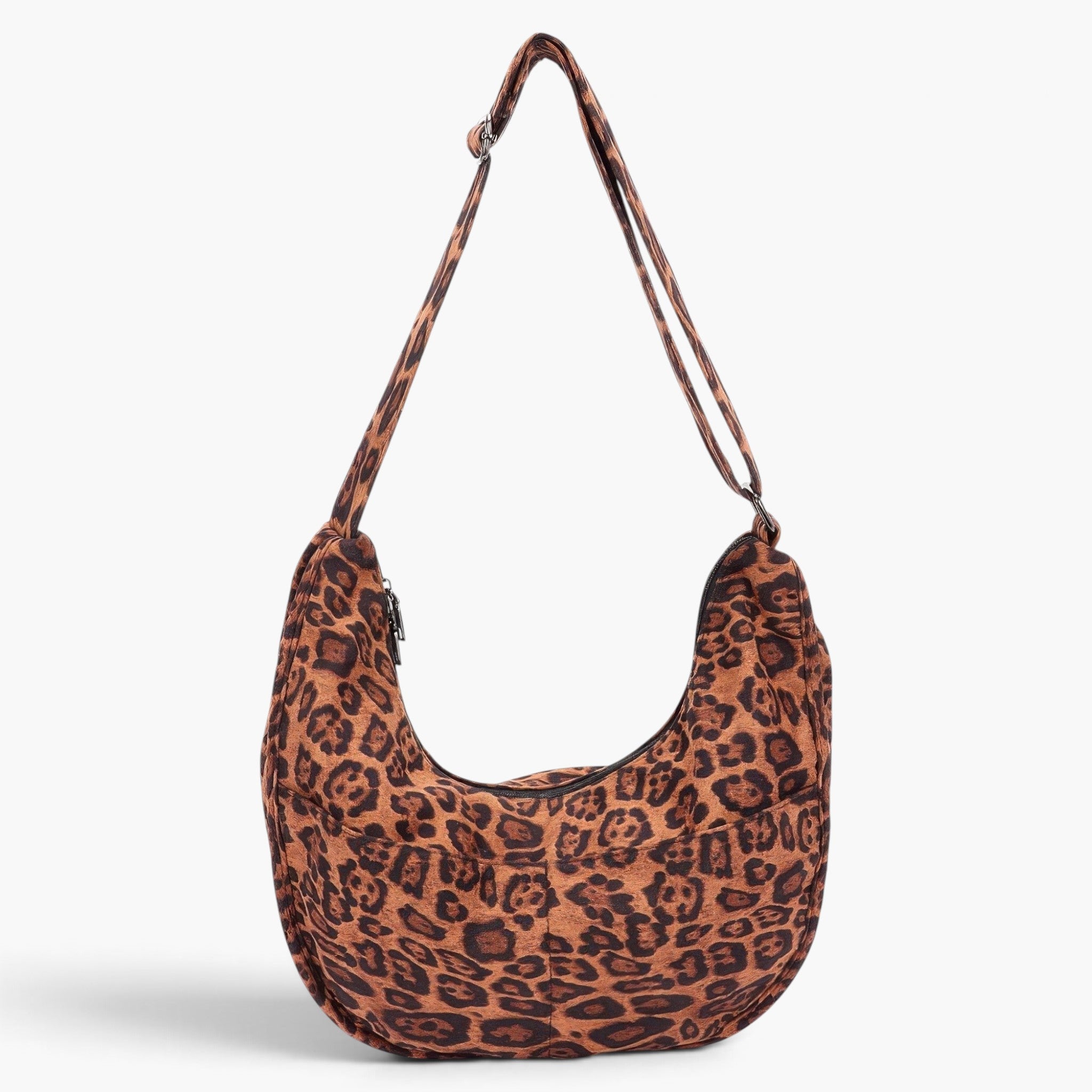Beach Rose Co. leopard print faux suede crossbody bag with two front pockets and an adjustable shoulder strap.