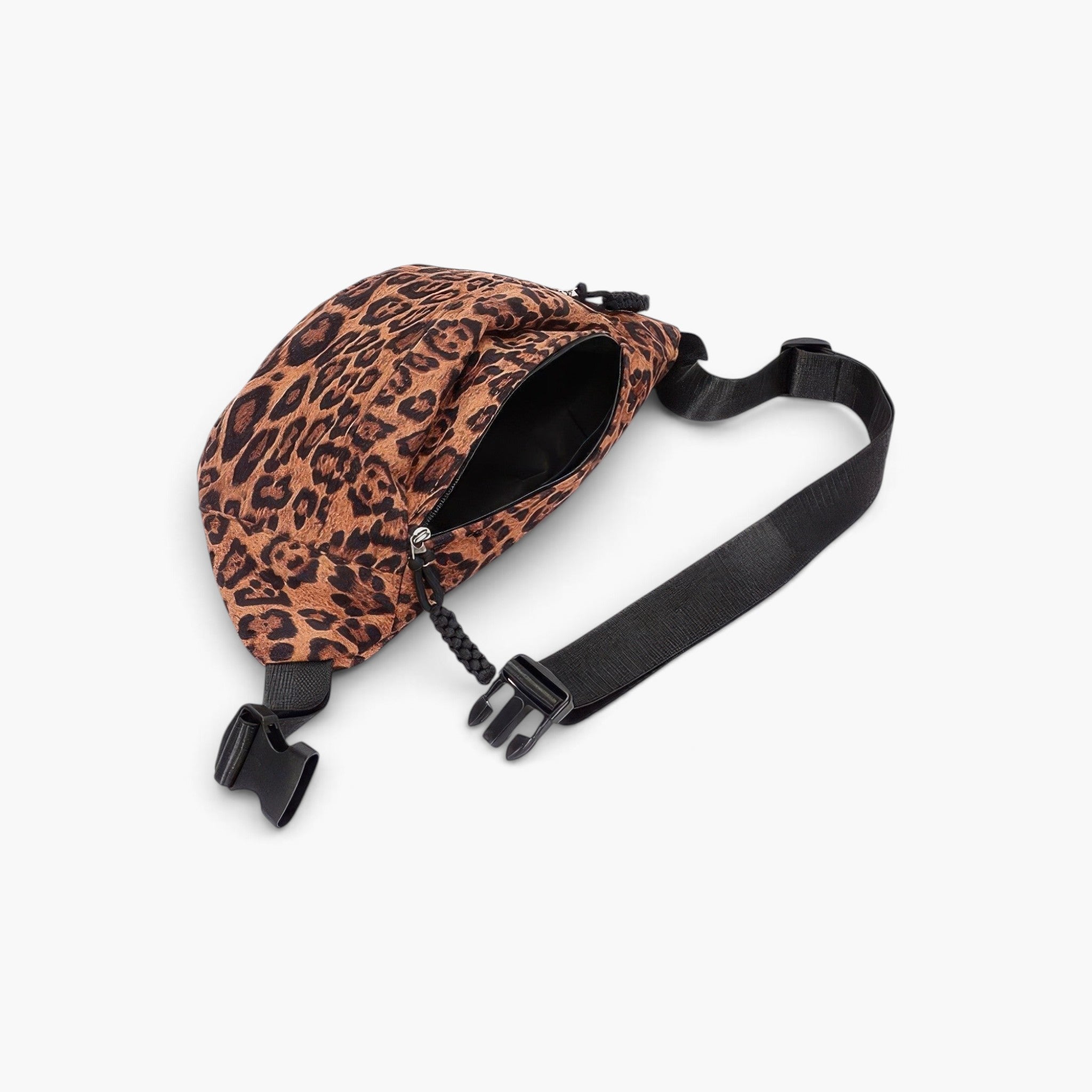 Beach Rose Co. leopard print faux suede sling bag with an adjustable black strap and double zip-top closure.