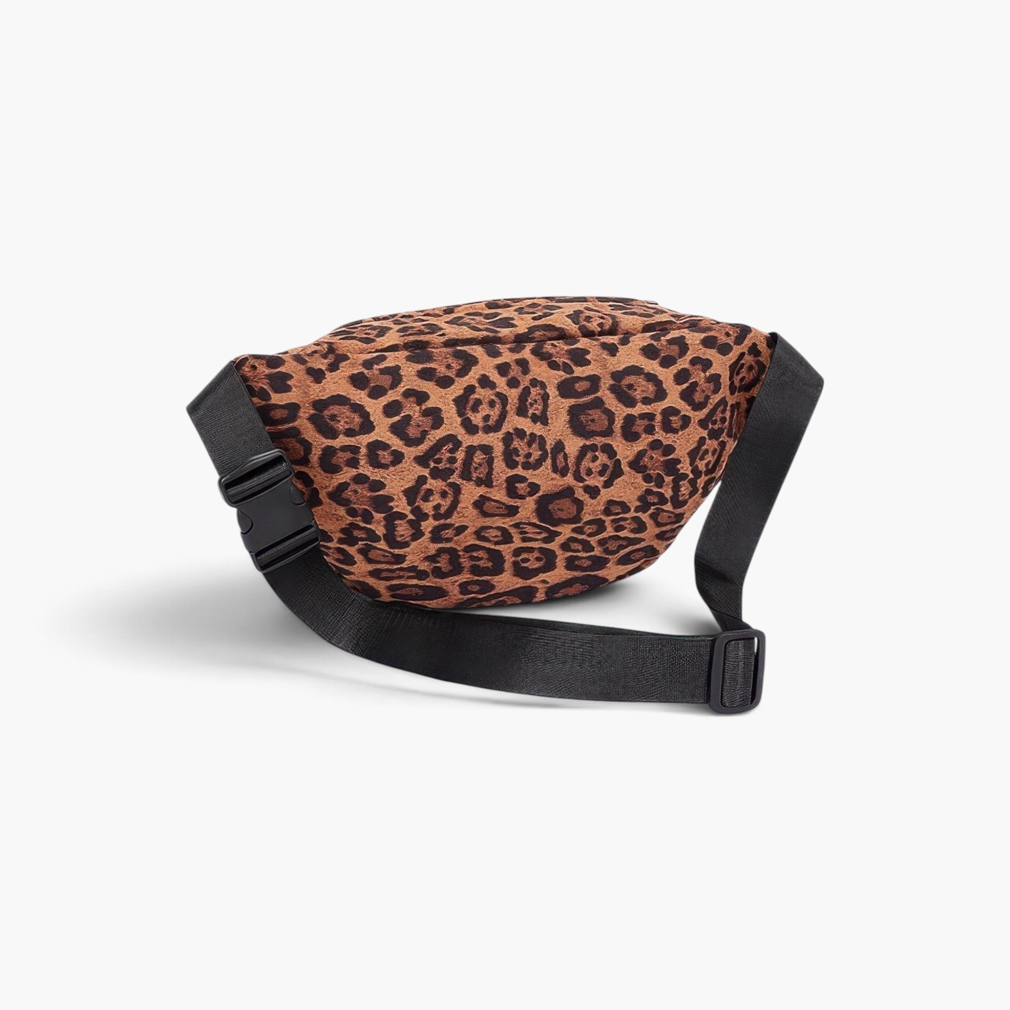 Beach Rose Co. leopard print faux suede sling bag with black adjustable strap and buckle closure, back view