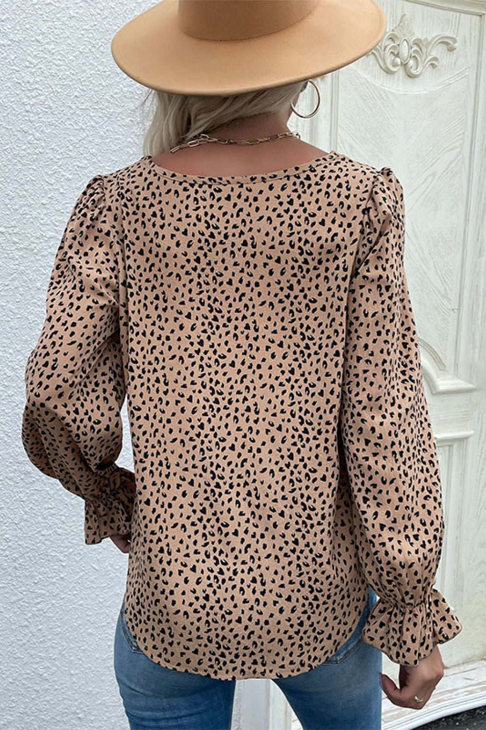 Beach Rose Co. - Leopard Flare Sleeve Blouse in Khaki