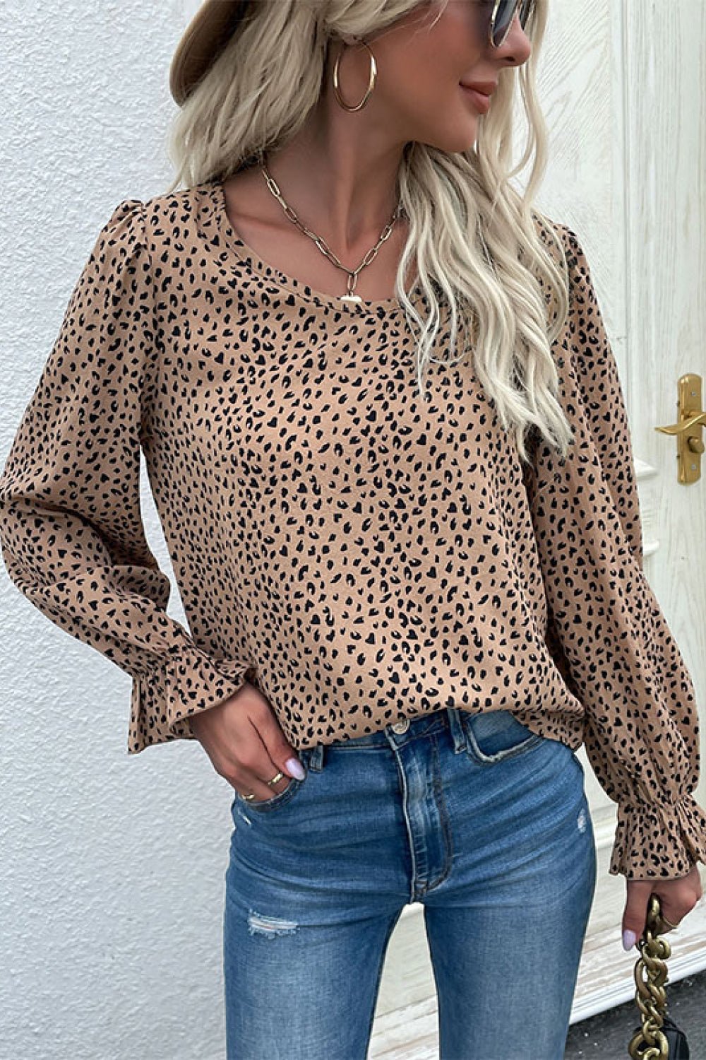 Beach Rose Co. - Leopard Flare Sleeve Blouse in Khaki